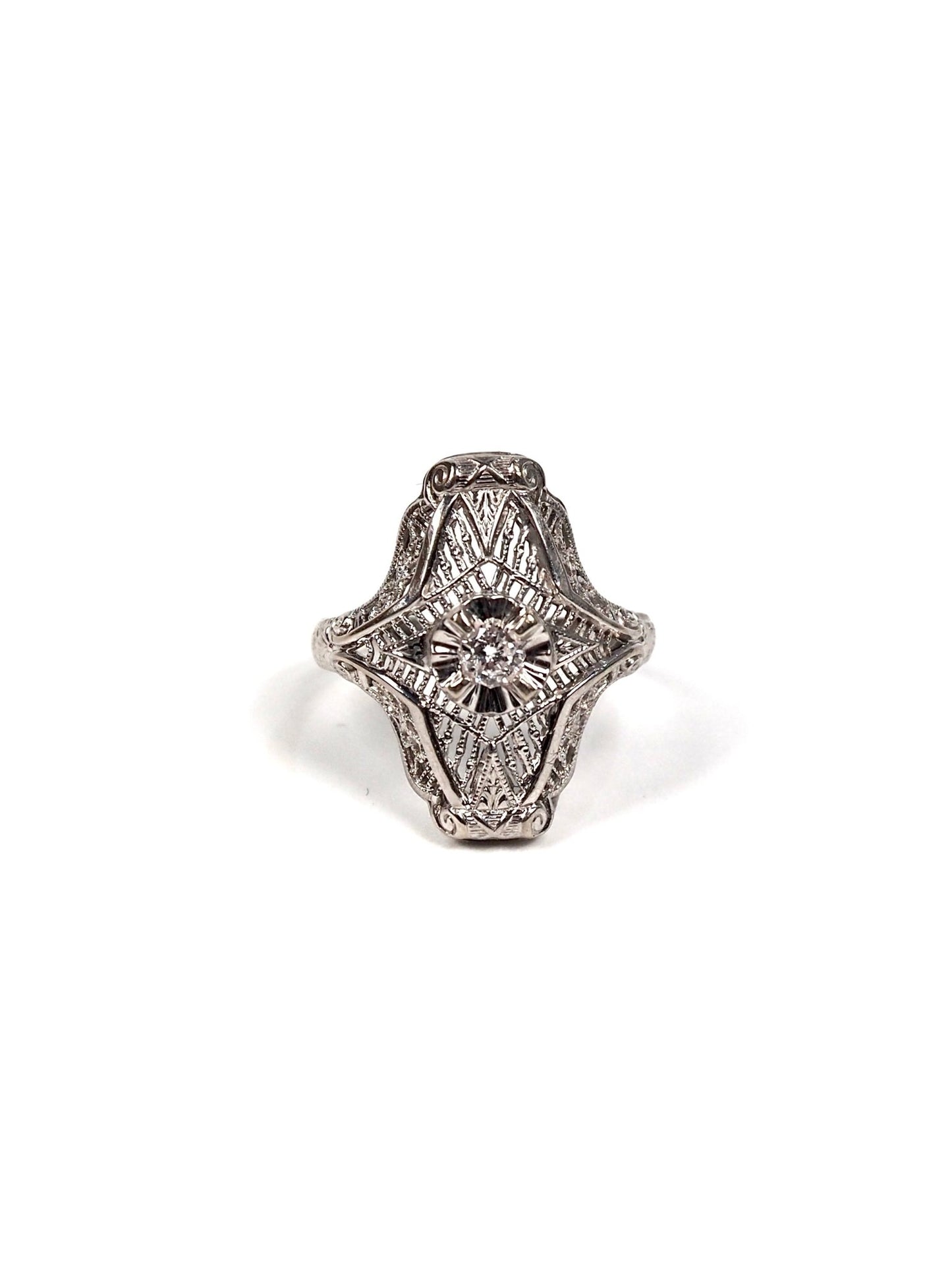 14K White Gold Diamond Filigree Shield Ring - Georgie's NYC - Rings