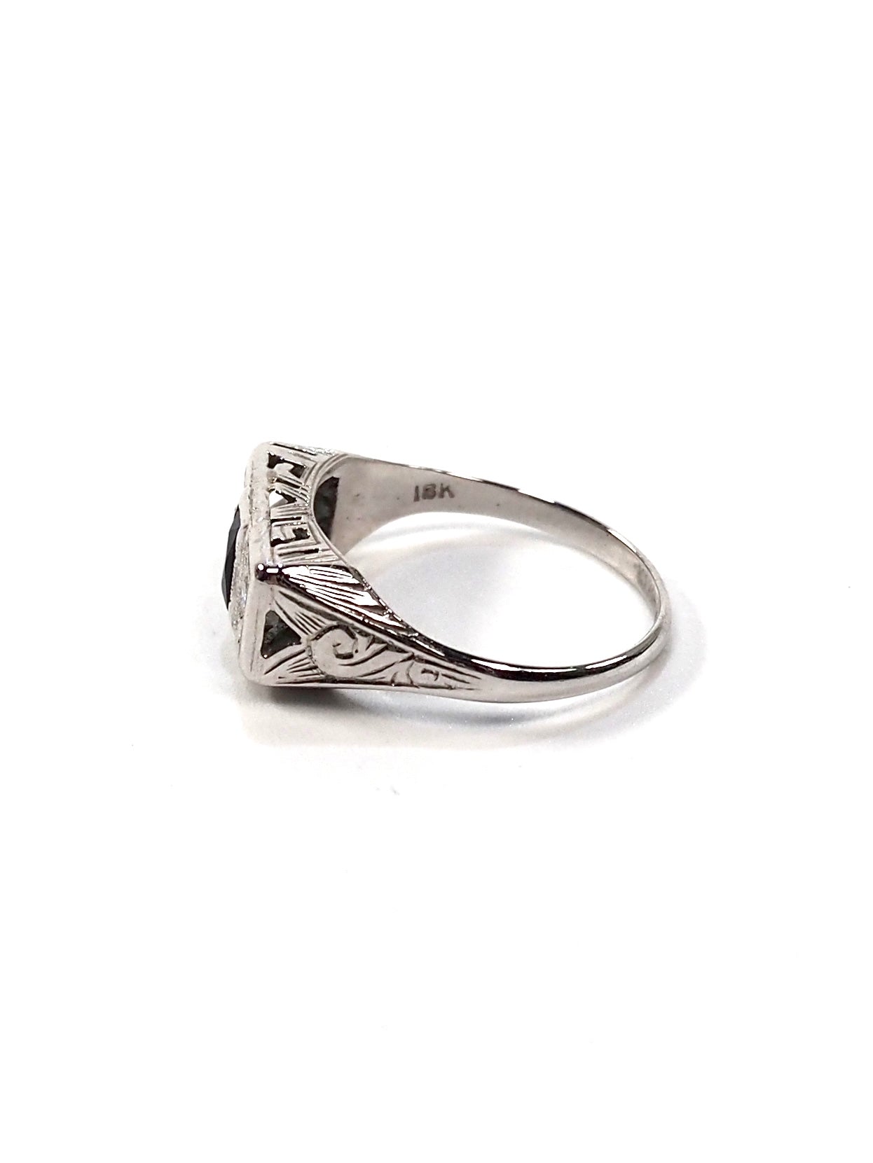 18K White Gold Diamond and Sapphire Rectangular Filigree Art Deco Ring - Georgie's NYC - Rings