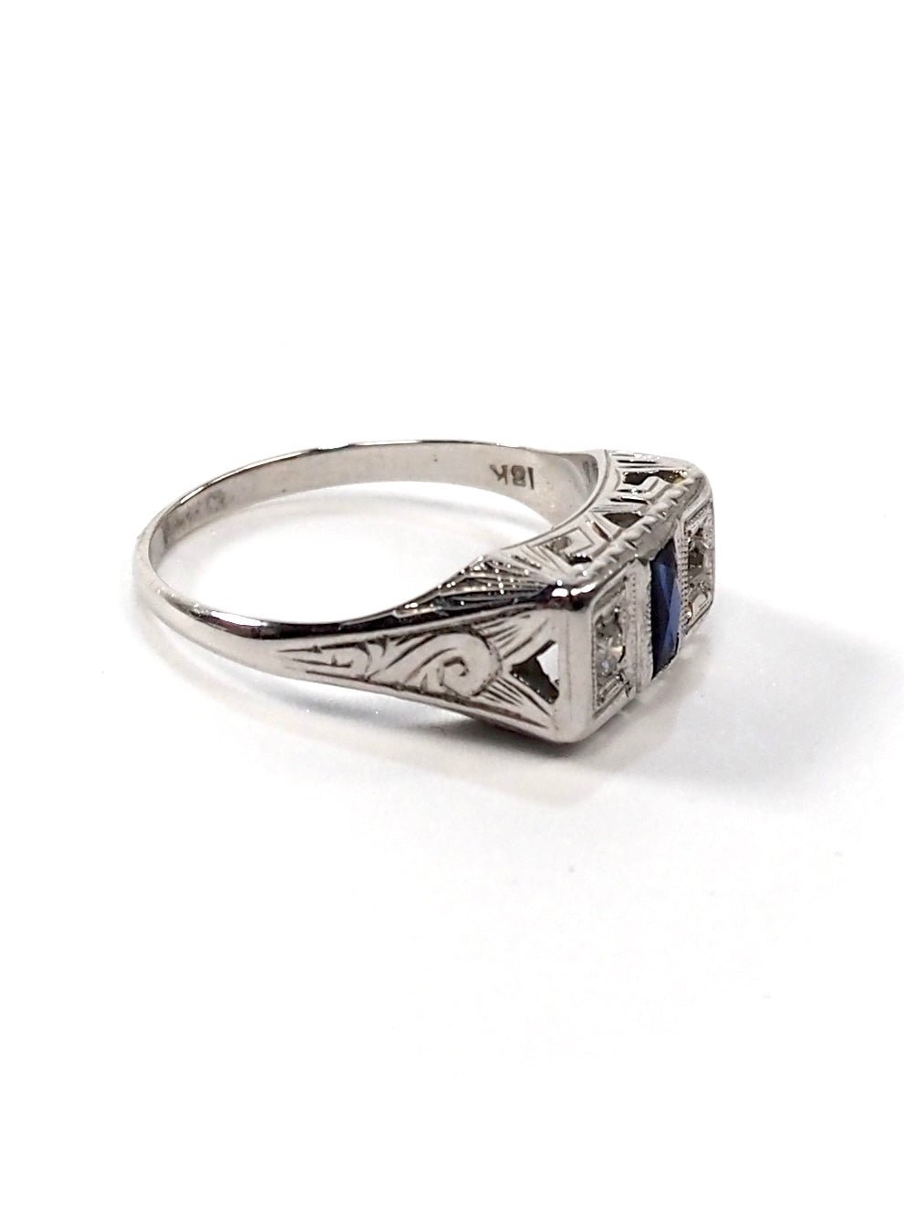18K White Gold Diamond and Sapphire Rectangular Filigree Art Deco Ring - Georgie's NYC - Rings
