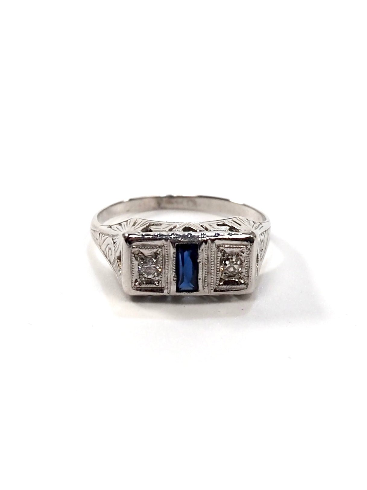 18K White Gold Diamond and Sapphire Rectangular Filigree Art Deco Ring - Georgie's NYC - Rings