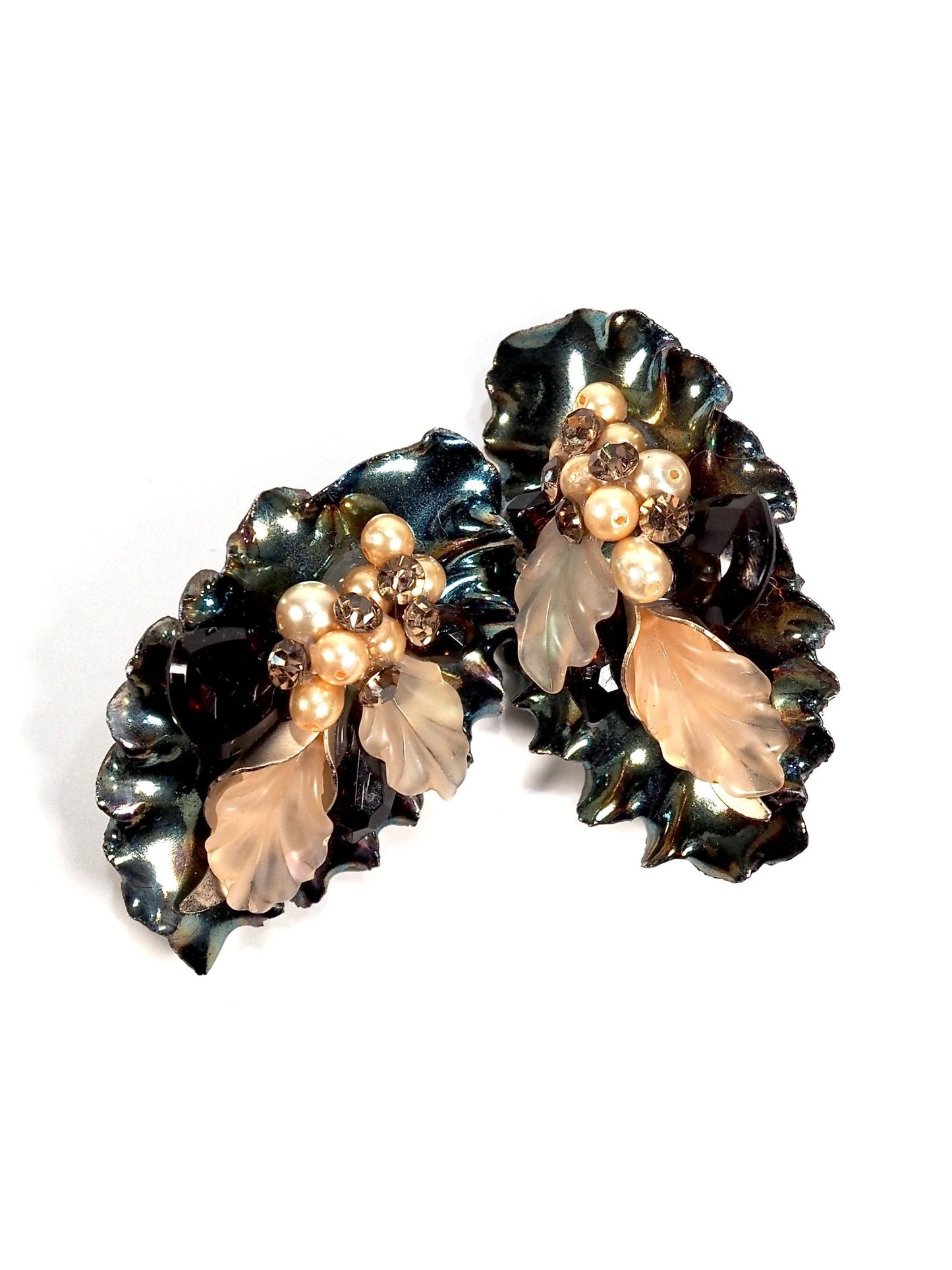 1980s Blue Metallic Giant Leaf Adorned Statement Earrings - Georgie's NYC - Earrings