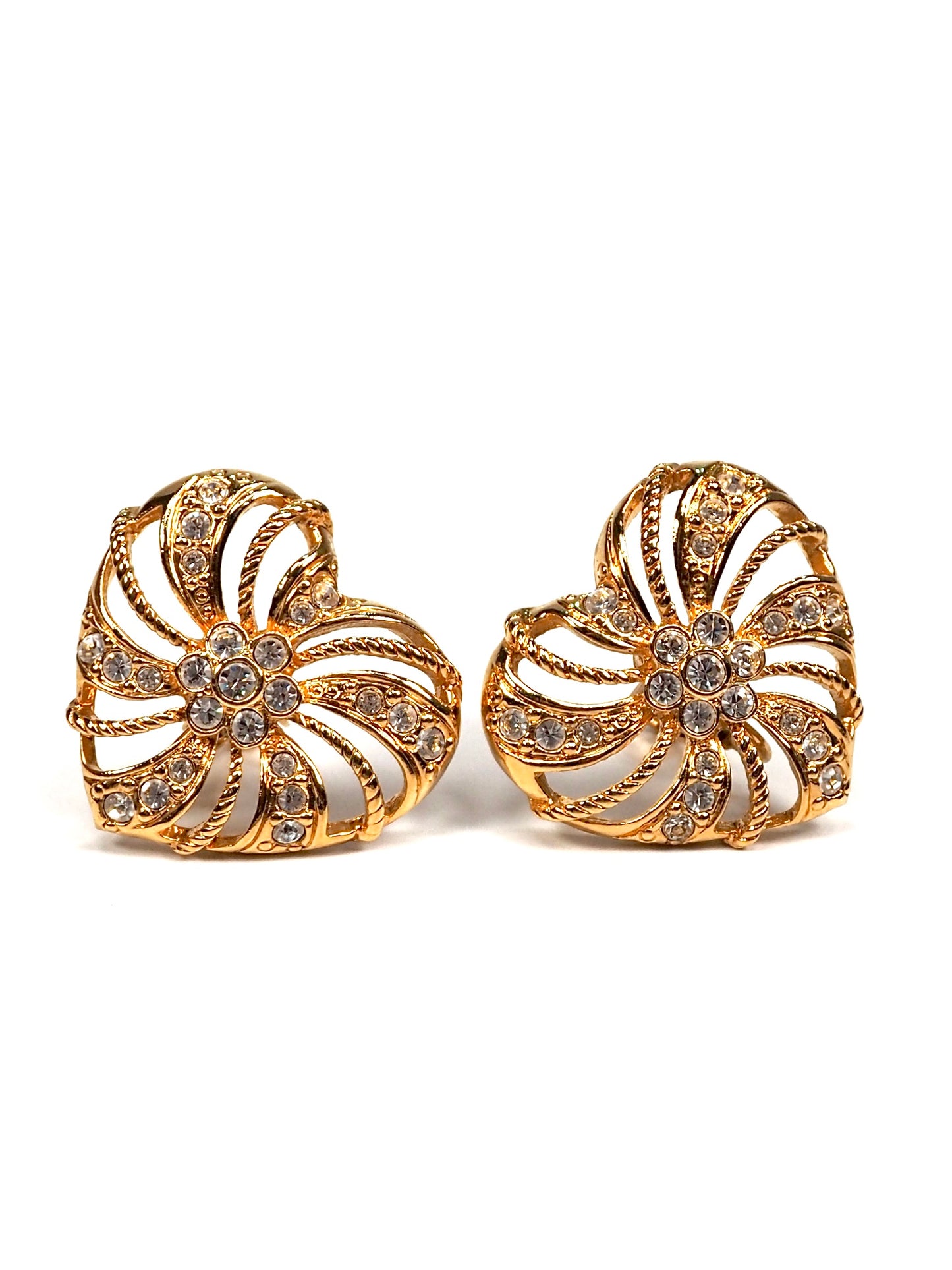 Avon Gold and Rhinestone Large Swirl Heart Earrings