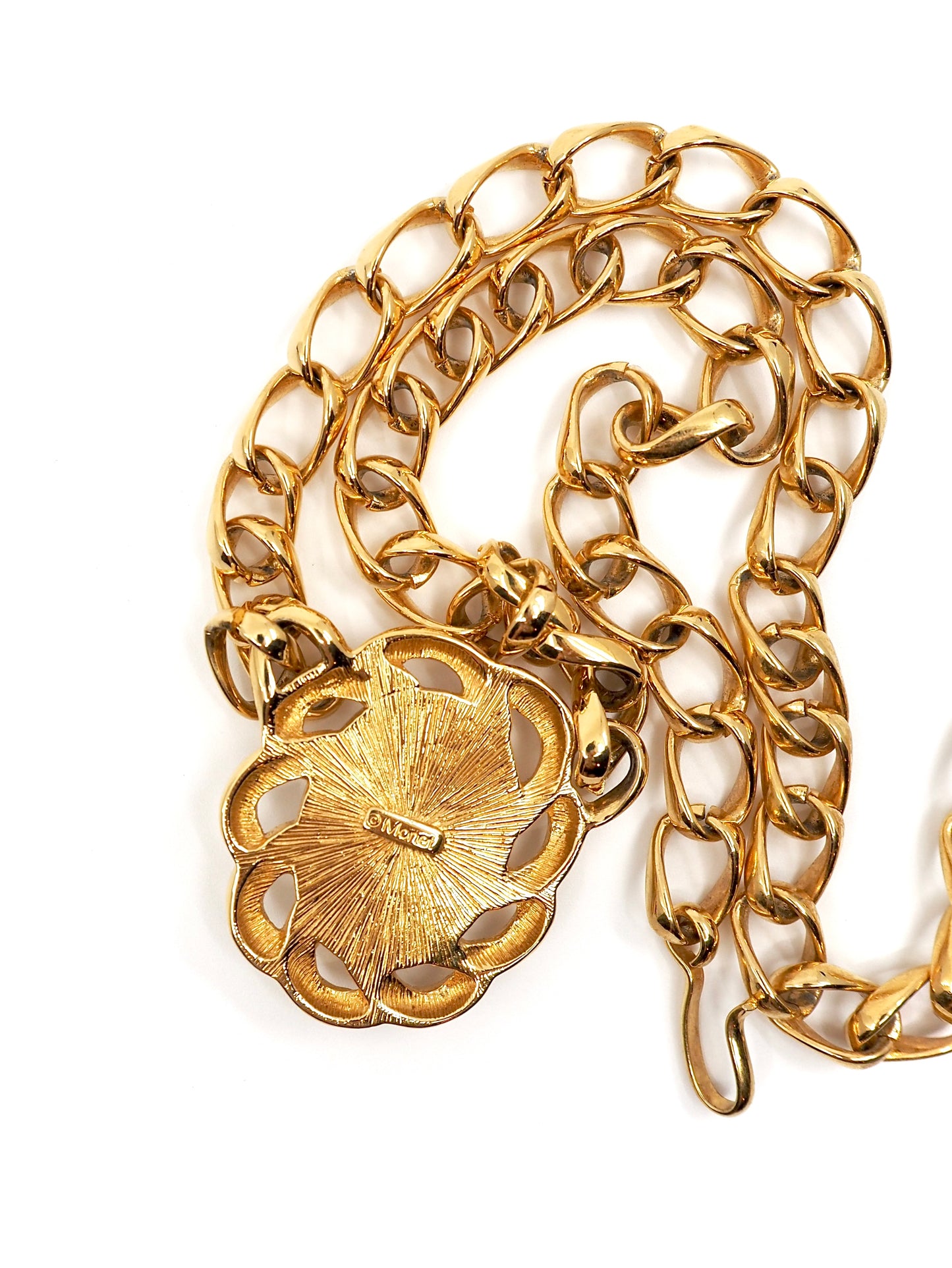 Monet Gold Curb Chain Necklace with White Cabochon Rope Frame Pendant