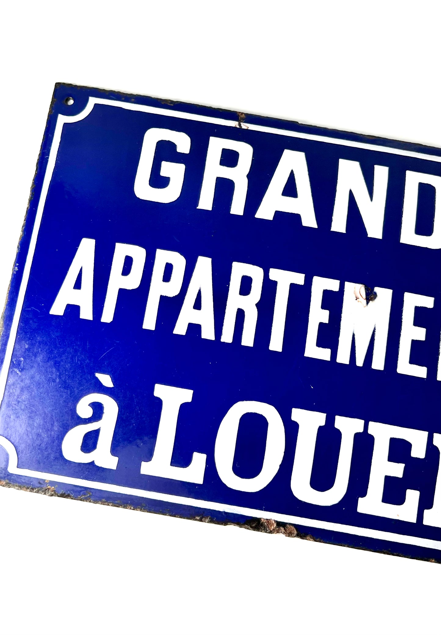 French Blue and White Grands Apartment à Louer Enamel Sign