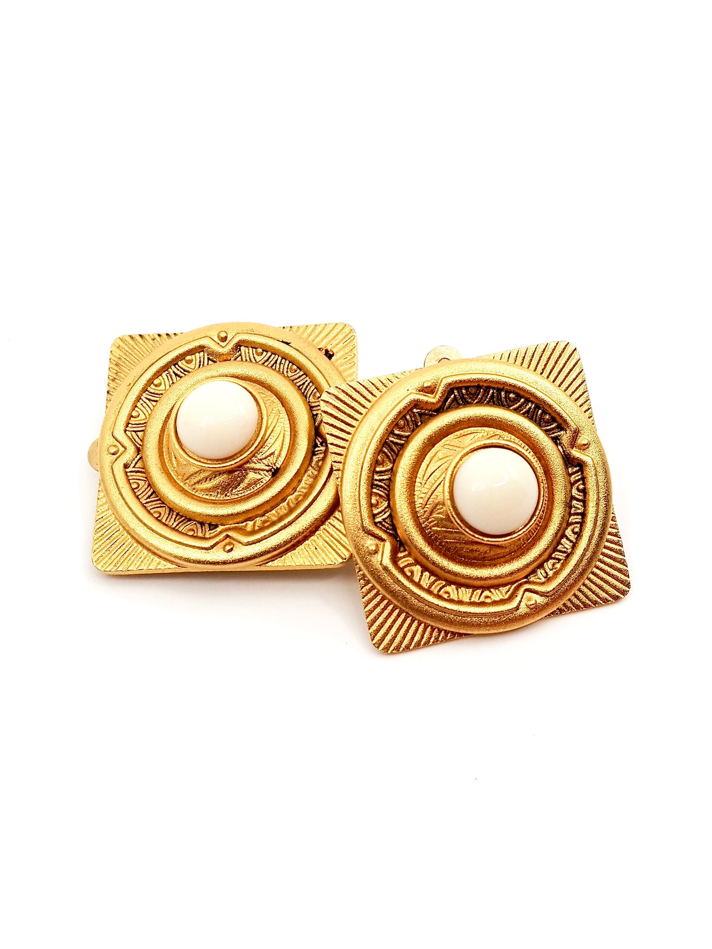 Matte Gold White Cabochon Etruscan Revival Statement Clip Earrings