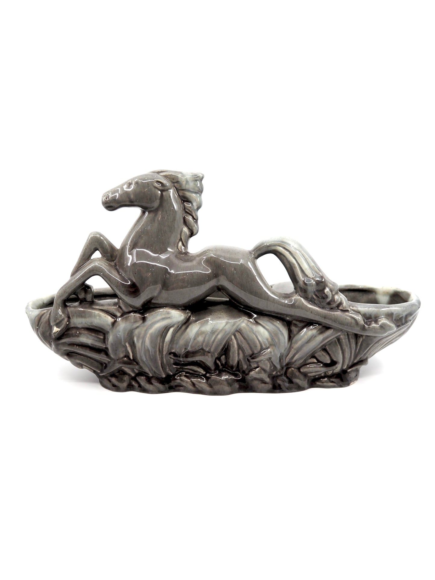 American Mid Century Gray Glazed Leaping Horse Figural Planter
