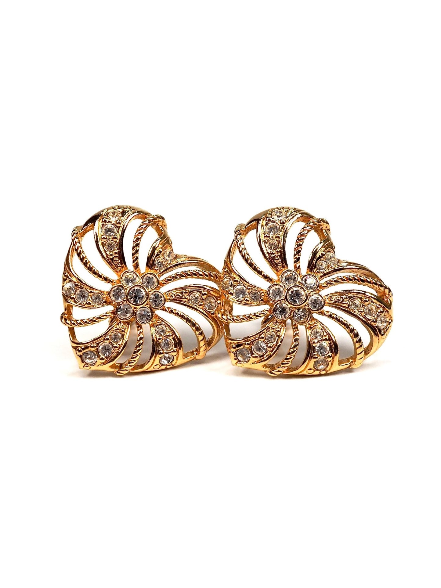 Avon Gold and Rhinestone Large Swirl Heart Earrings - Georgie's NYC - Earrings