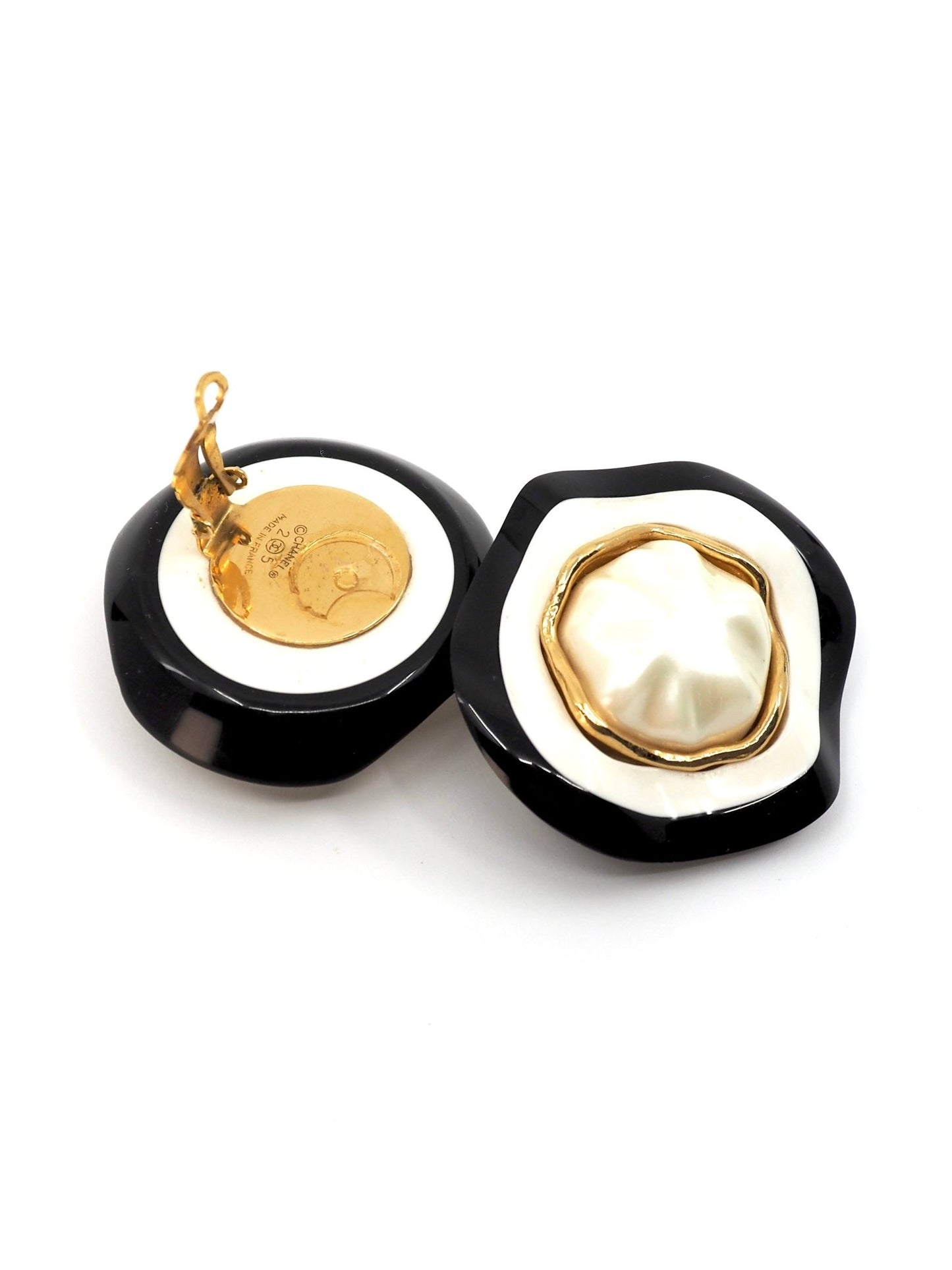 Chanel Black and Cream Resin Faux Pearl Oversized Round Wavy Earrings - Georgie's NYC - Earrings