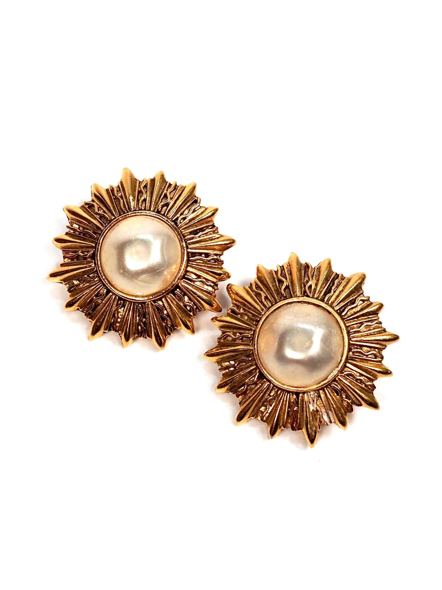 Chanel Gold and Faux Pearl Sunburst Earrings - Georgie's NYC - Earrings