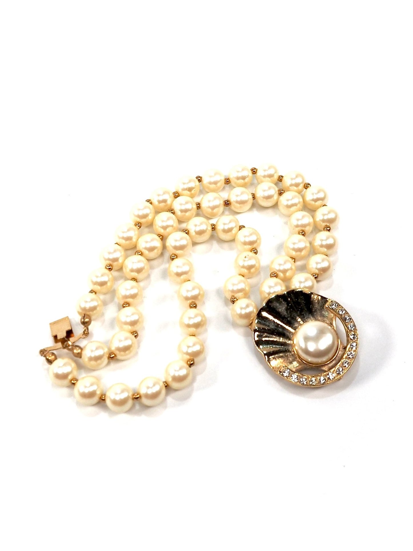Dauplaise Triple Strand Faux Pearl and Gold Rhinestone Shell Clasp Bracelet - Georgie's NYC - Bracelets