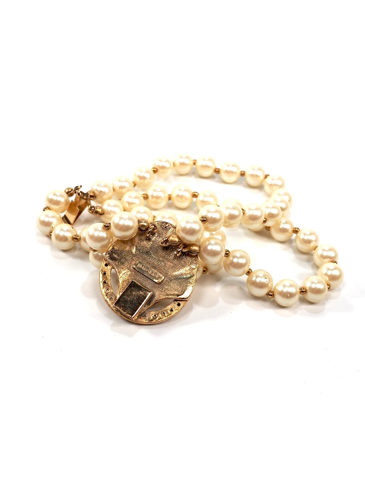 Dauplaise Triple Strand Faux Pearl and Gold Rhinestone Shell Clasp Bracelet - Georgie's NYC - Bracelets