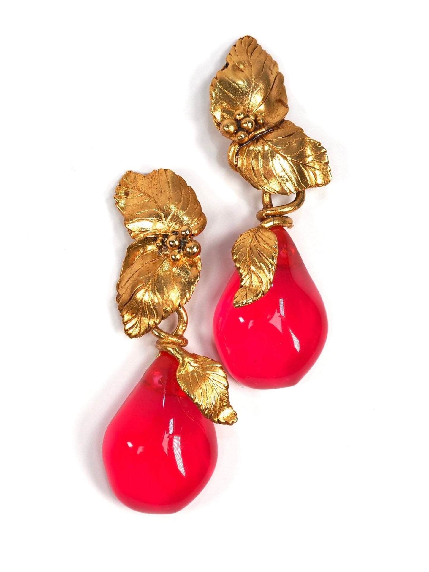 Emanuel Ungaro Gold Leaf Hot Pink Lucite Statement Earrings - Georgie's NYC - Earrings