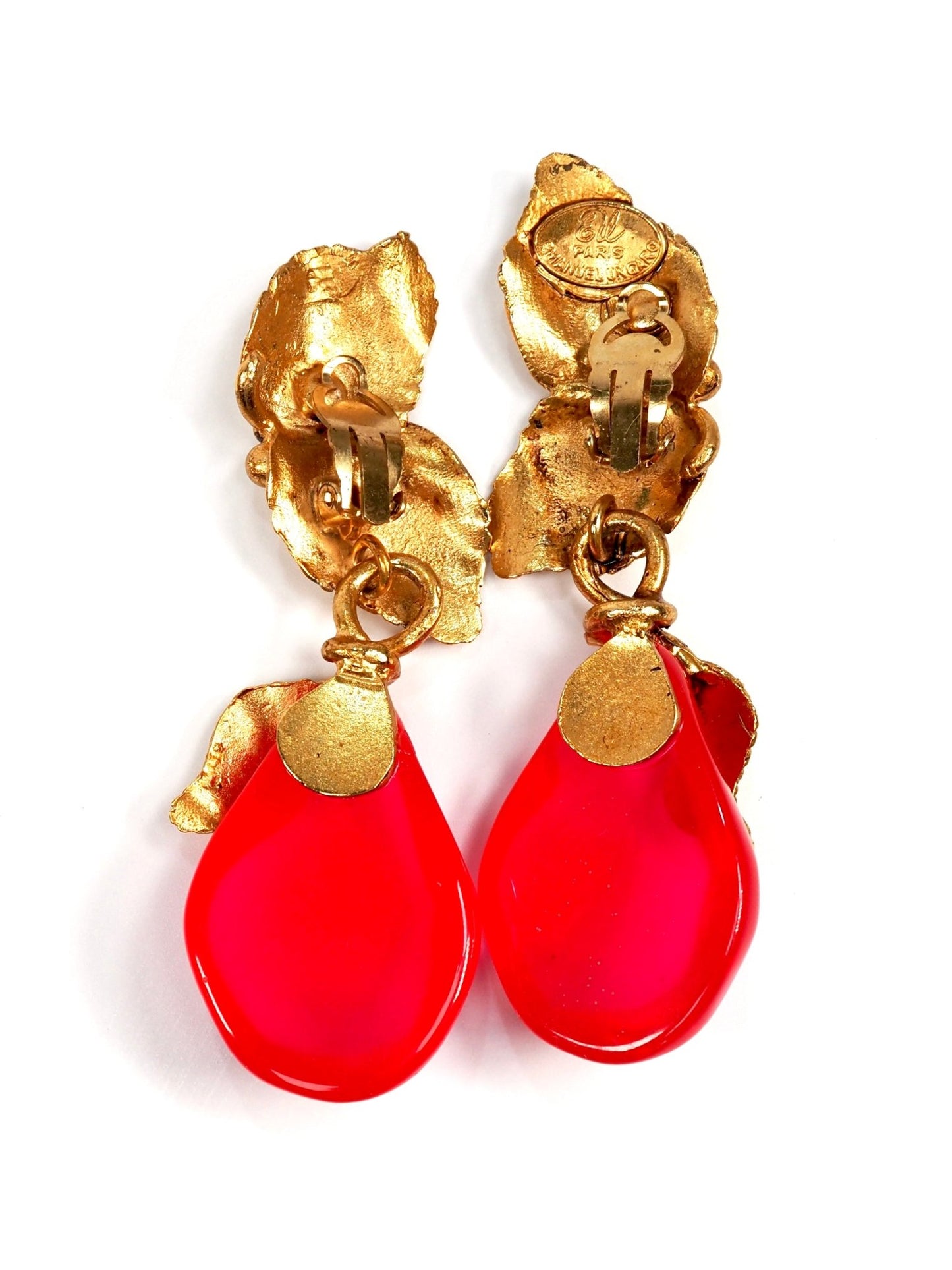 Emanuel Ungaro Gold Leaf Hot Pink Lucite Statement Earrings - Georgie's NYC - Earrings