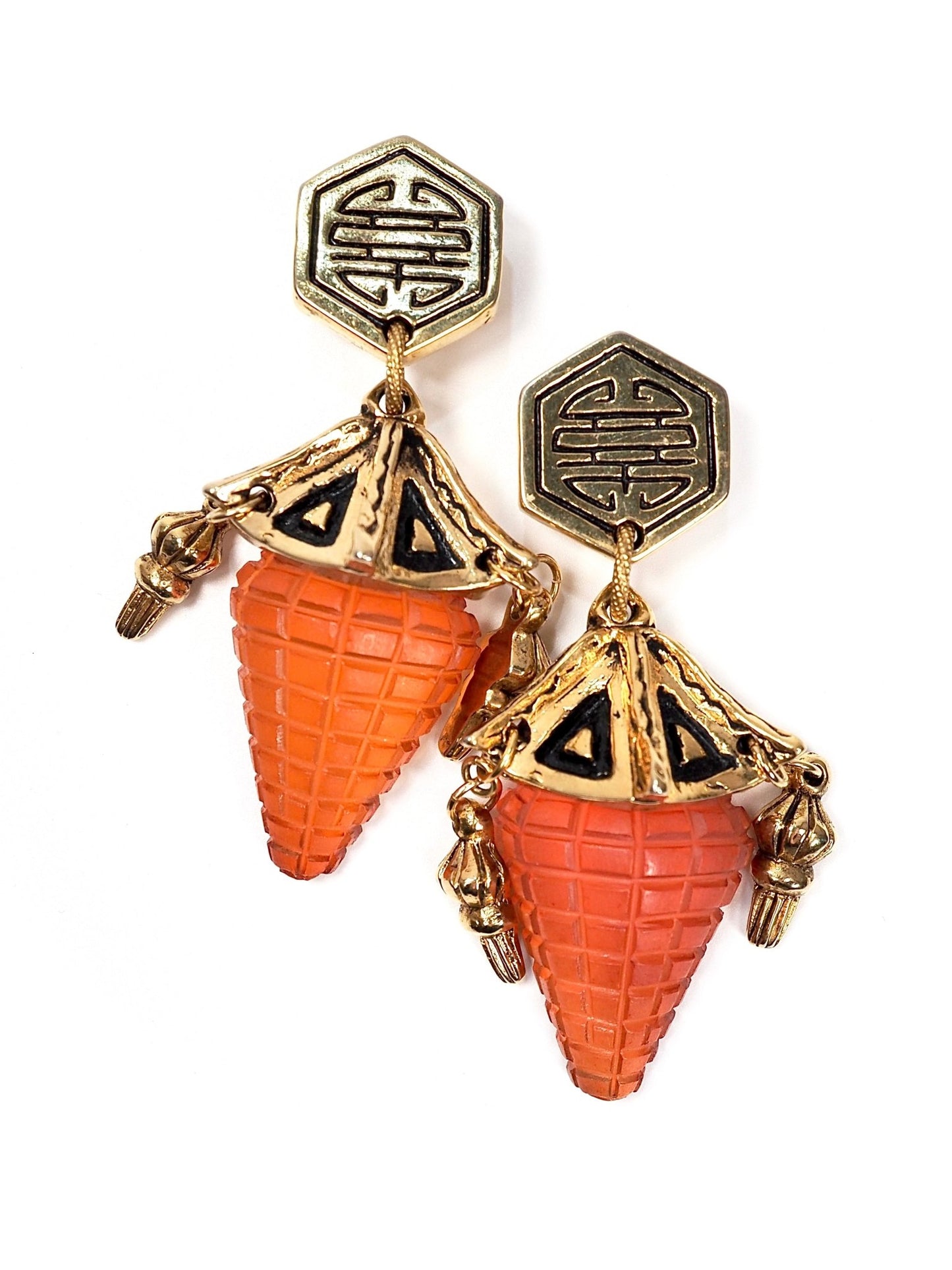 F. Volle Paris Pagoda Gold and Raspberry Lucite Oversized Earrings - Georgie's NYC - Earrings