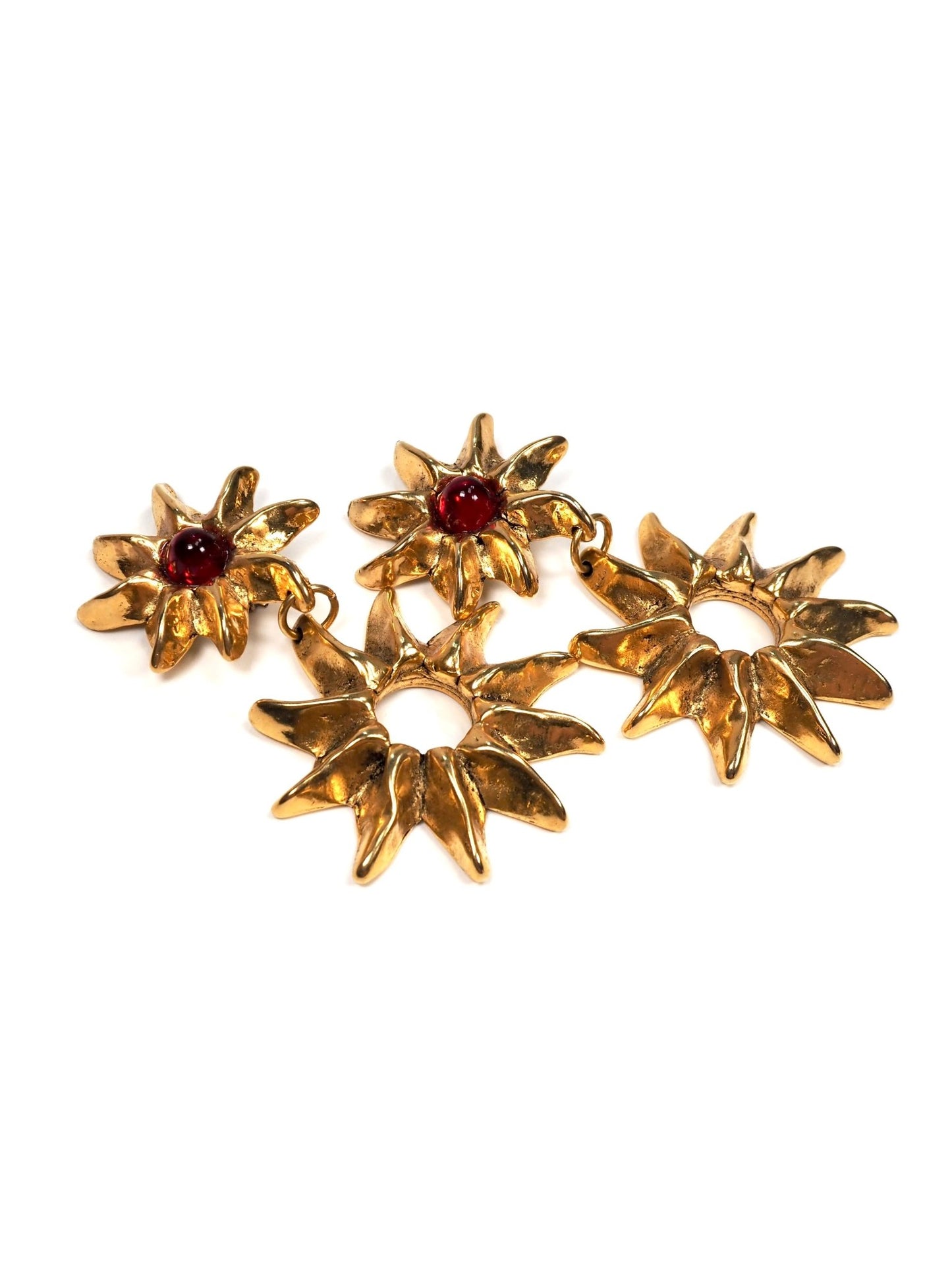 French Gold Brutalist Flower and Red Gripoix Earrings - Georgie's NYC - Earrings