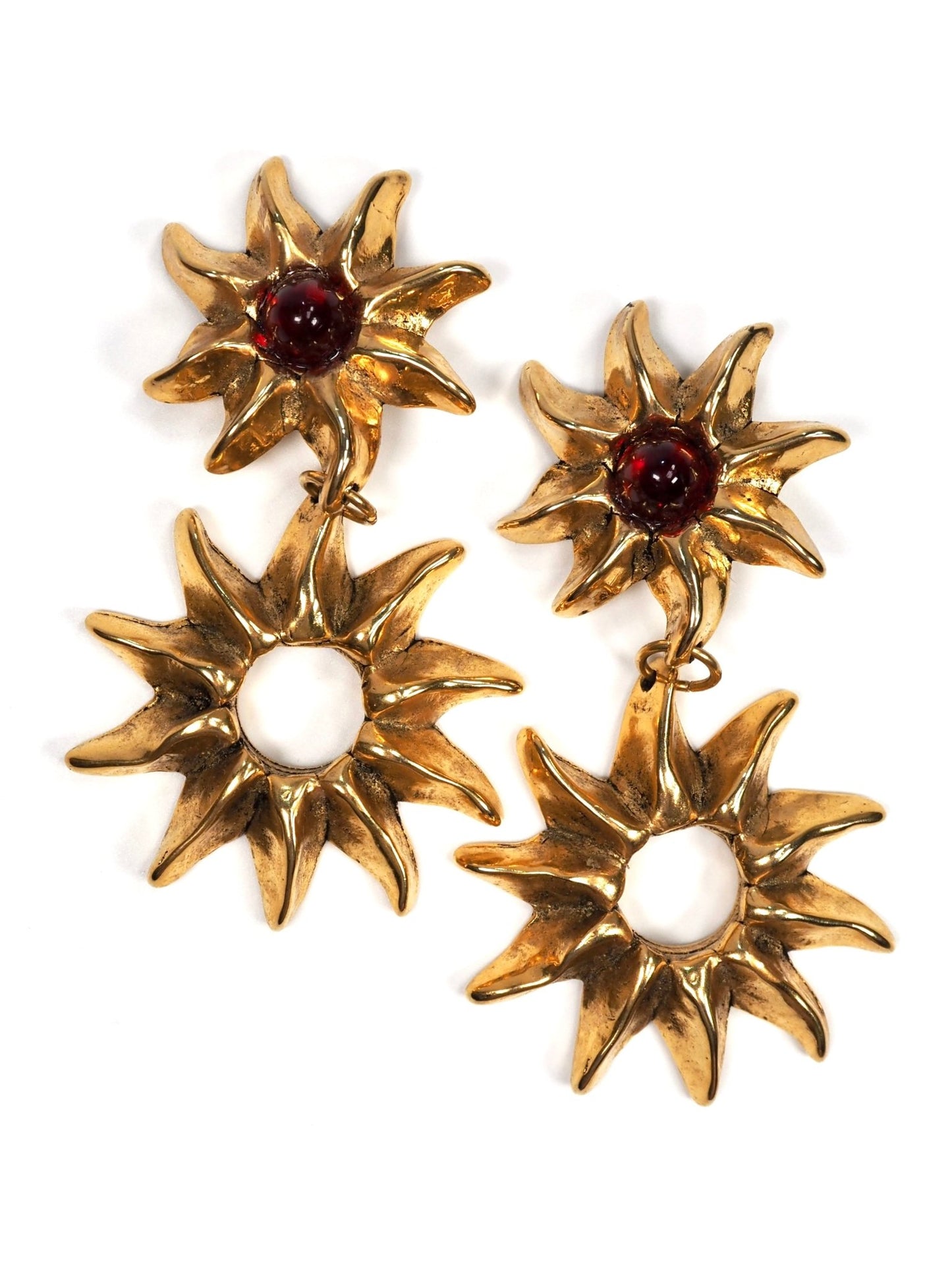 French Gold Brutalist Flower and Red Gripoix Earrings - Georgie's NYC - Earrings