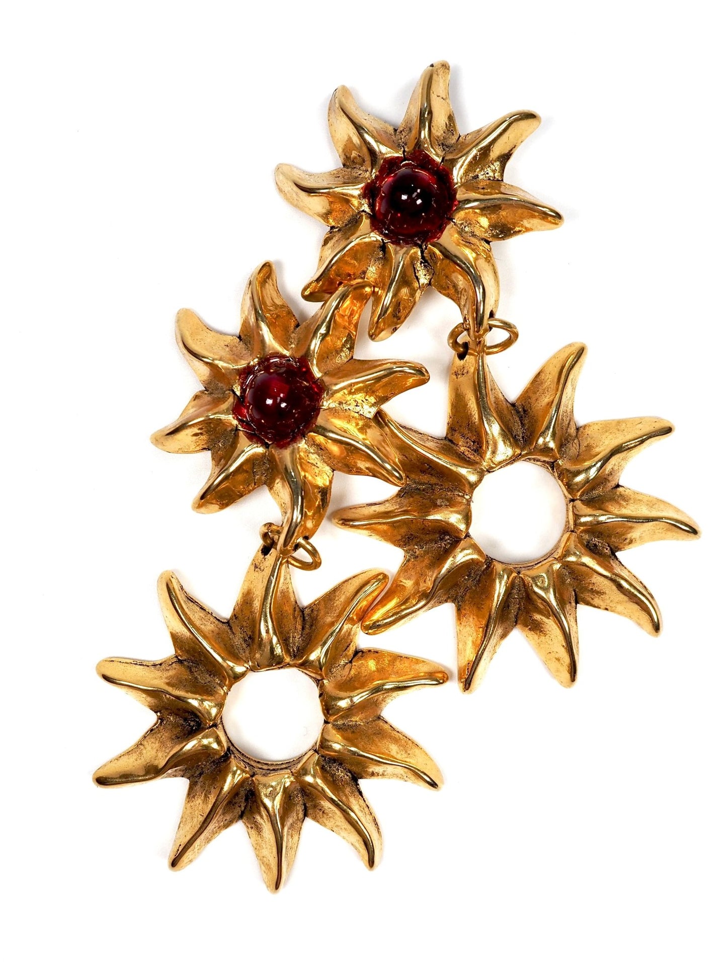 French Gold Brutalist Flower and Red Gripoix Earrings - Georgie's NYC - Earrings
