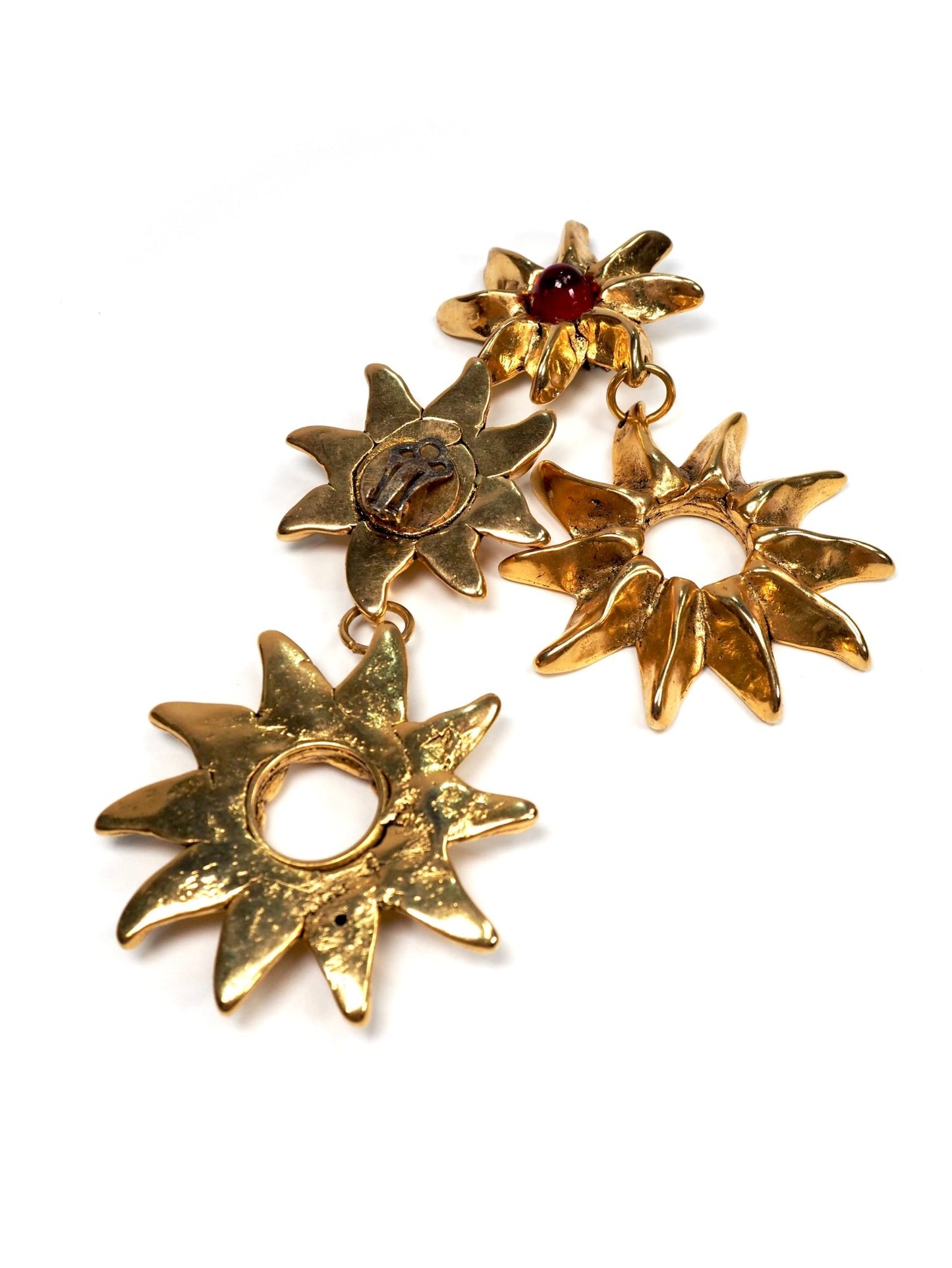 French Gold Brutalist Flower and Red Gripoix Earrings - Georgie's NYC - Earrings
