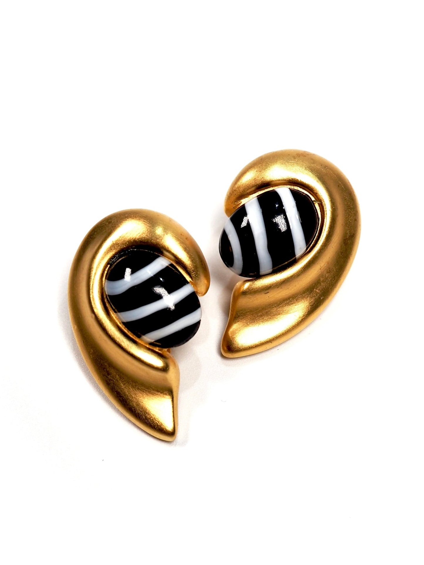 Givenchy Brushed Gold with Black and White Cabochon Glass Modernist Earrings - Georgie's NYC - Earrings