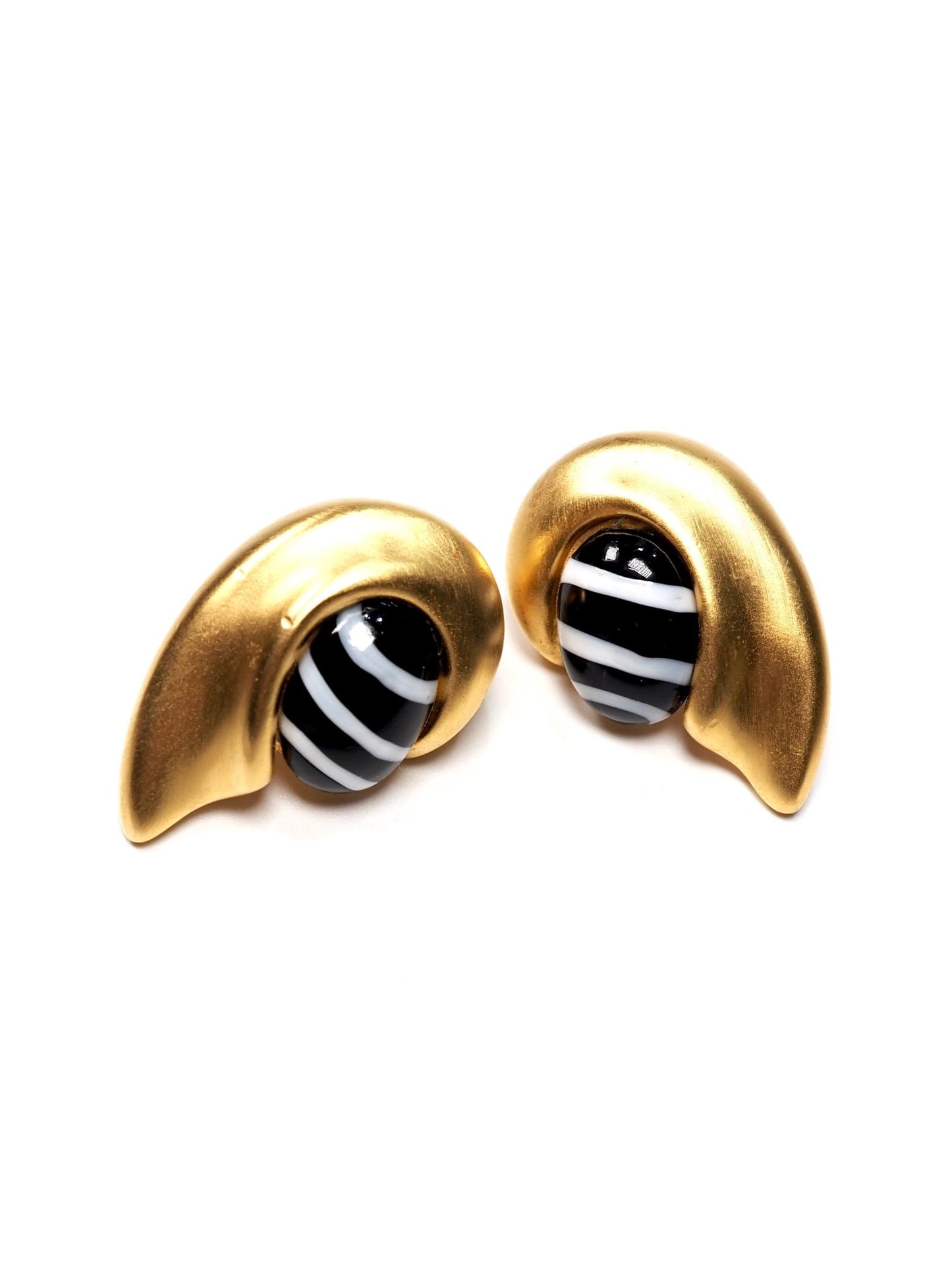 Givenchy Brushed Gold with Black and White Cabochon Glass Modernist Earrings - Georgie's NYC - Earrings