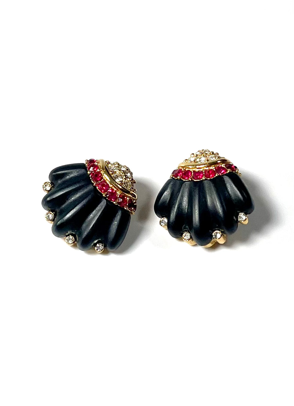 Givenchy Black Fan Gold and Pink Rhinestone Shell Earrings
