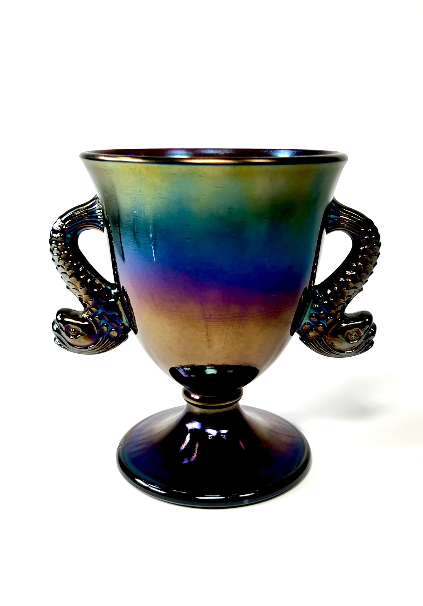 Fenton Iridescent Amethyst Carnival Glass Dolphin Fish Candy Dish
