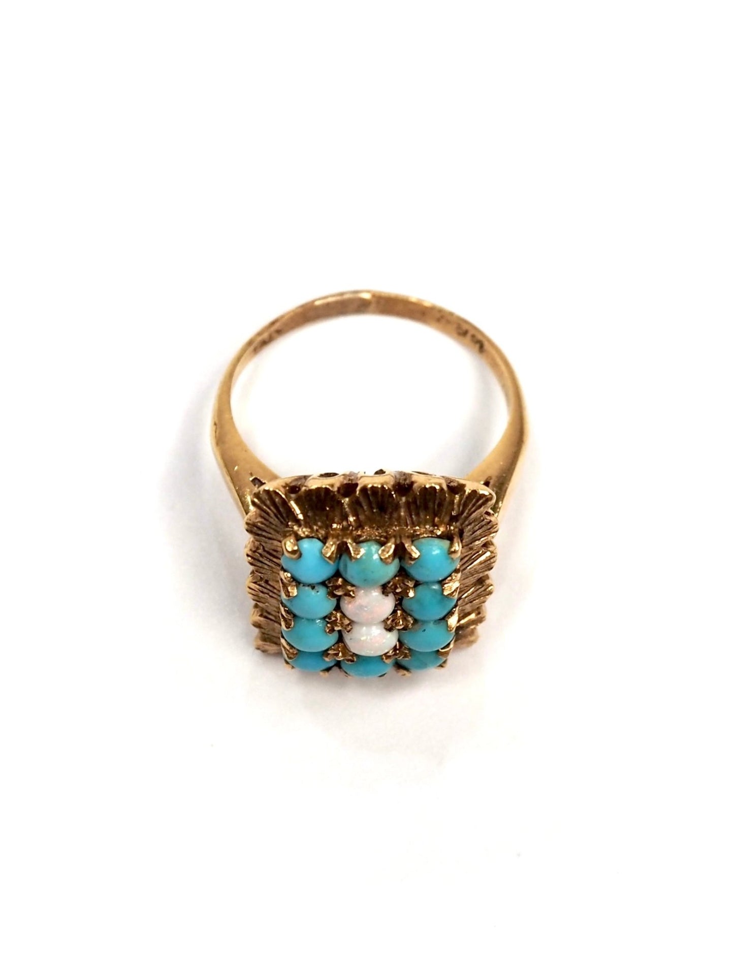 Italian 18K Yellow Gold Rectangular Turquoise and Opal Scalloped Ring - Georgie's NYC - Rings