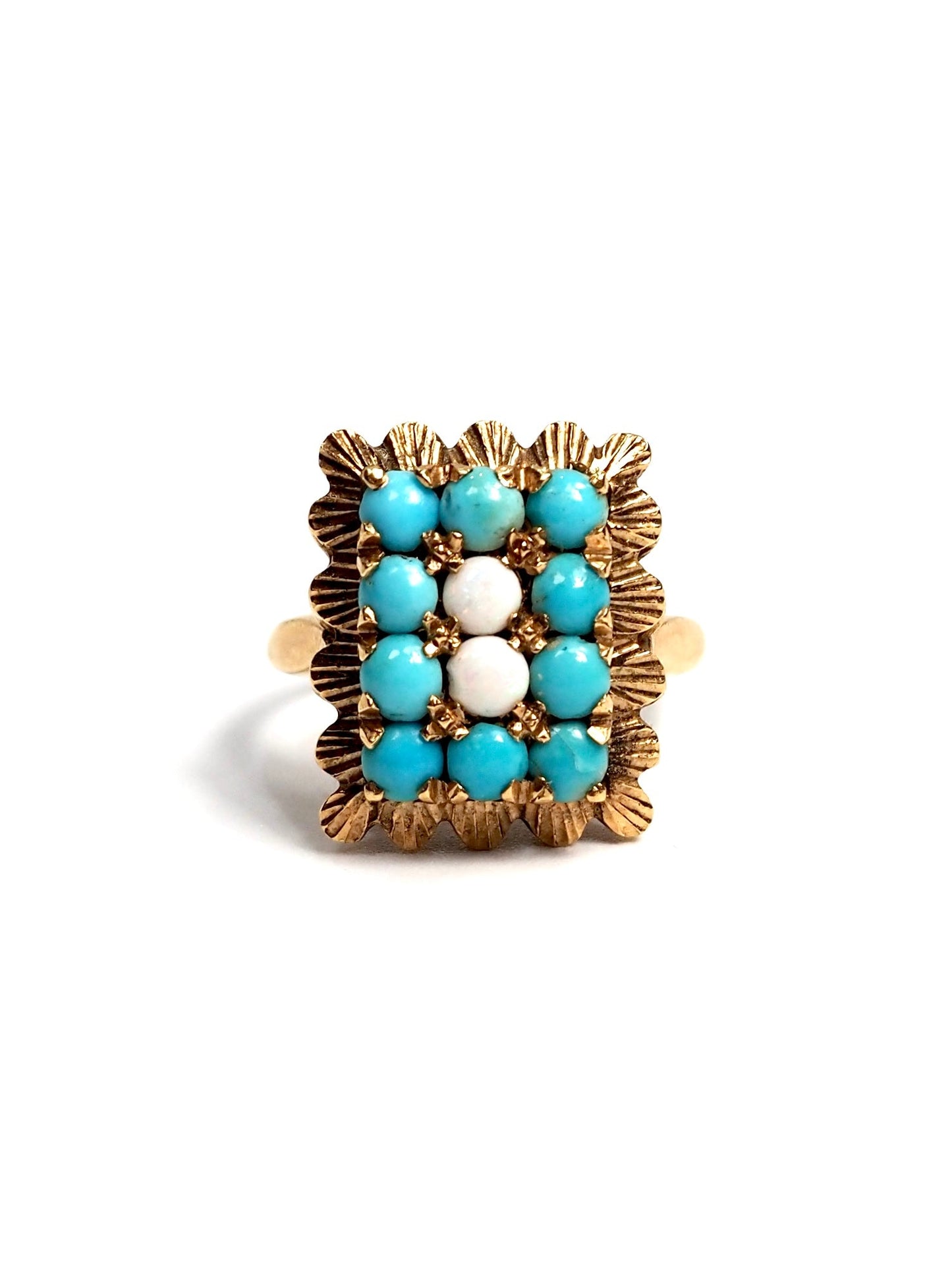 Italian 18K Yellow Gold Rectangular Turquoise and Opal Scalloped Ring - Georgie's NYC - Rings