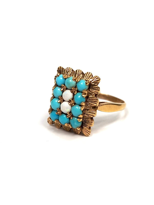 Italian 18K Yellow Gold Rectangular Turquoise and Opal Scalloped Ring - Georgie's NYC - Rings