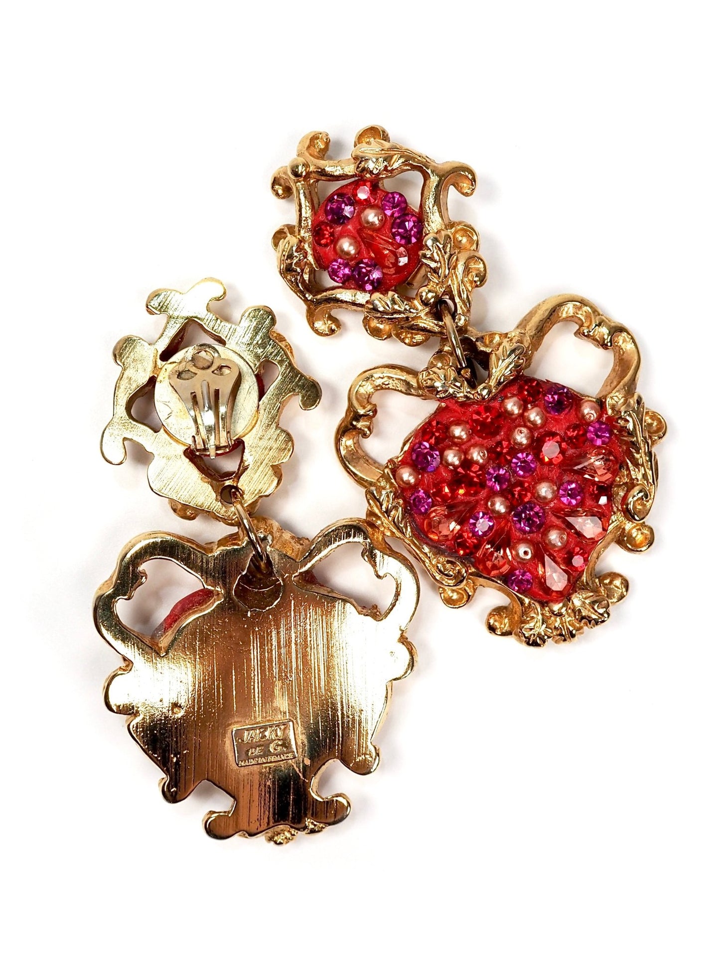 Jacky de G Gold Pink Jeweled Oversized Baroque Style Dangle Earrings - Georgie's NYC - Earrings