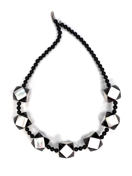 Mother of Pearl and Black Lucite Inlay Diamond Cube Necklace - Georgie's NYC -