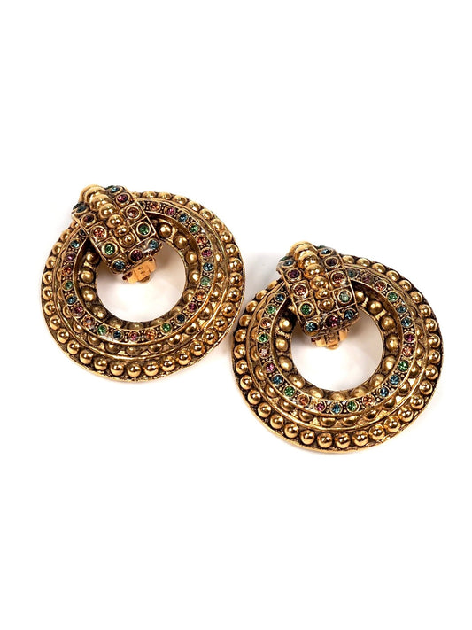 Multi - Colored Jeweled and Textured Gold Door Knocker Earrings - Georgie's NYC - Earrings