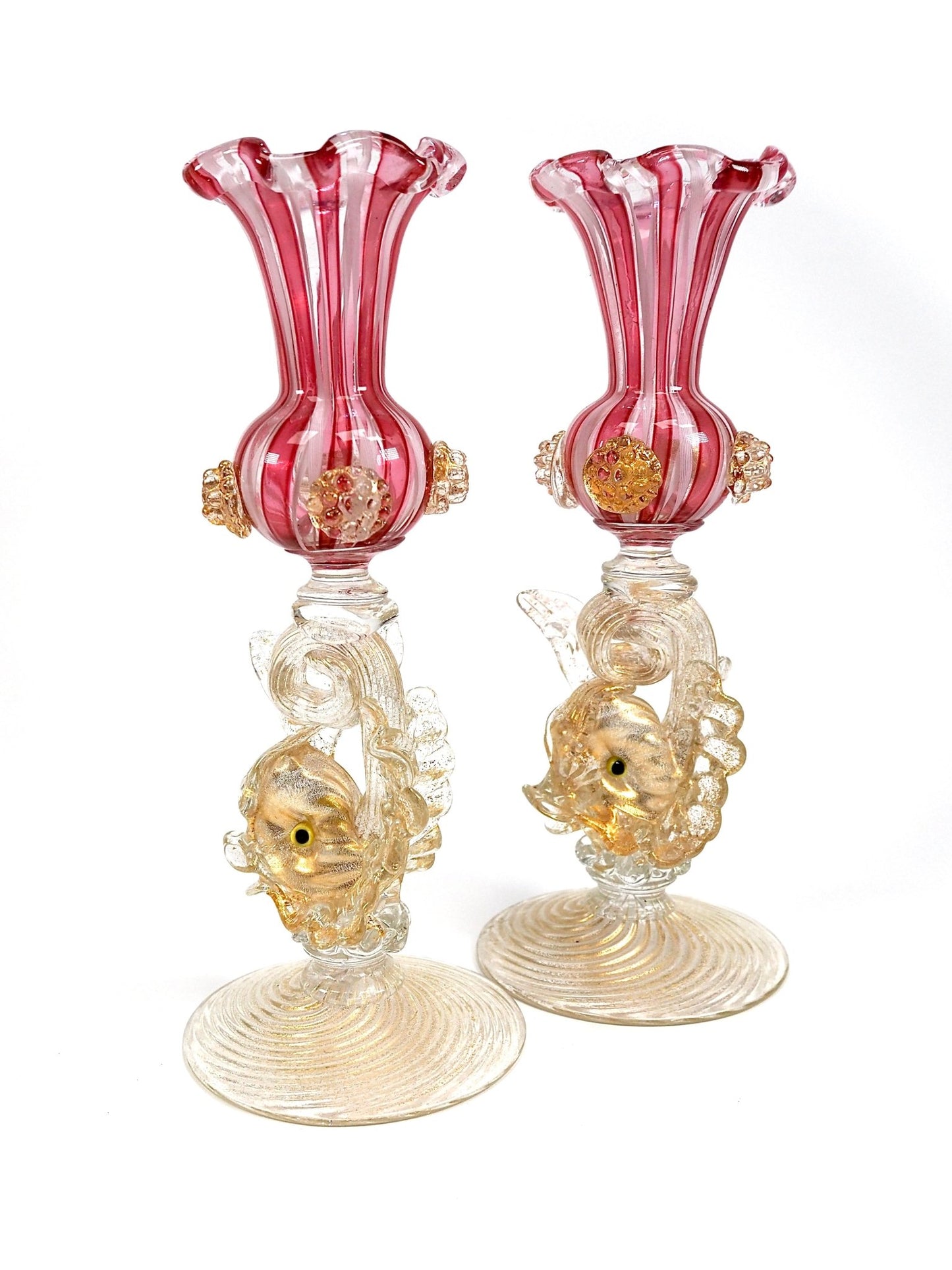 Murano Glass Pink and Gold Dolphin Fish Candlestick Holders - Georgie's NYC - Candle Holders