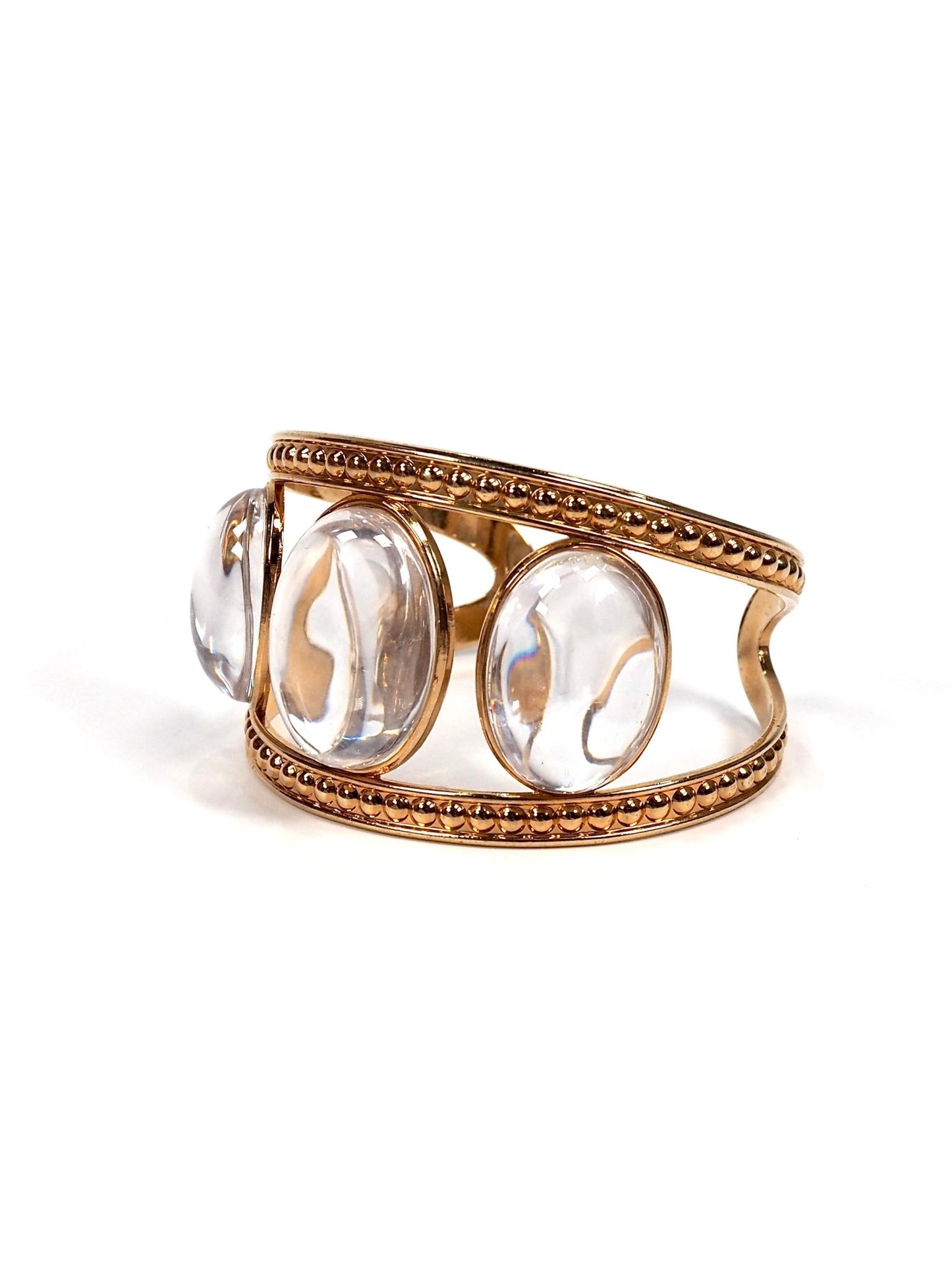 Rosey Gold Three Stone Clear Quartz Cuff Bracelet - Georgie's NYC - Bracelets