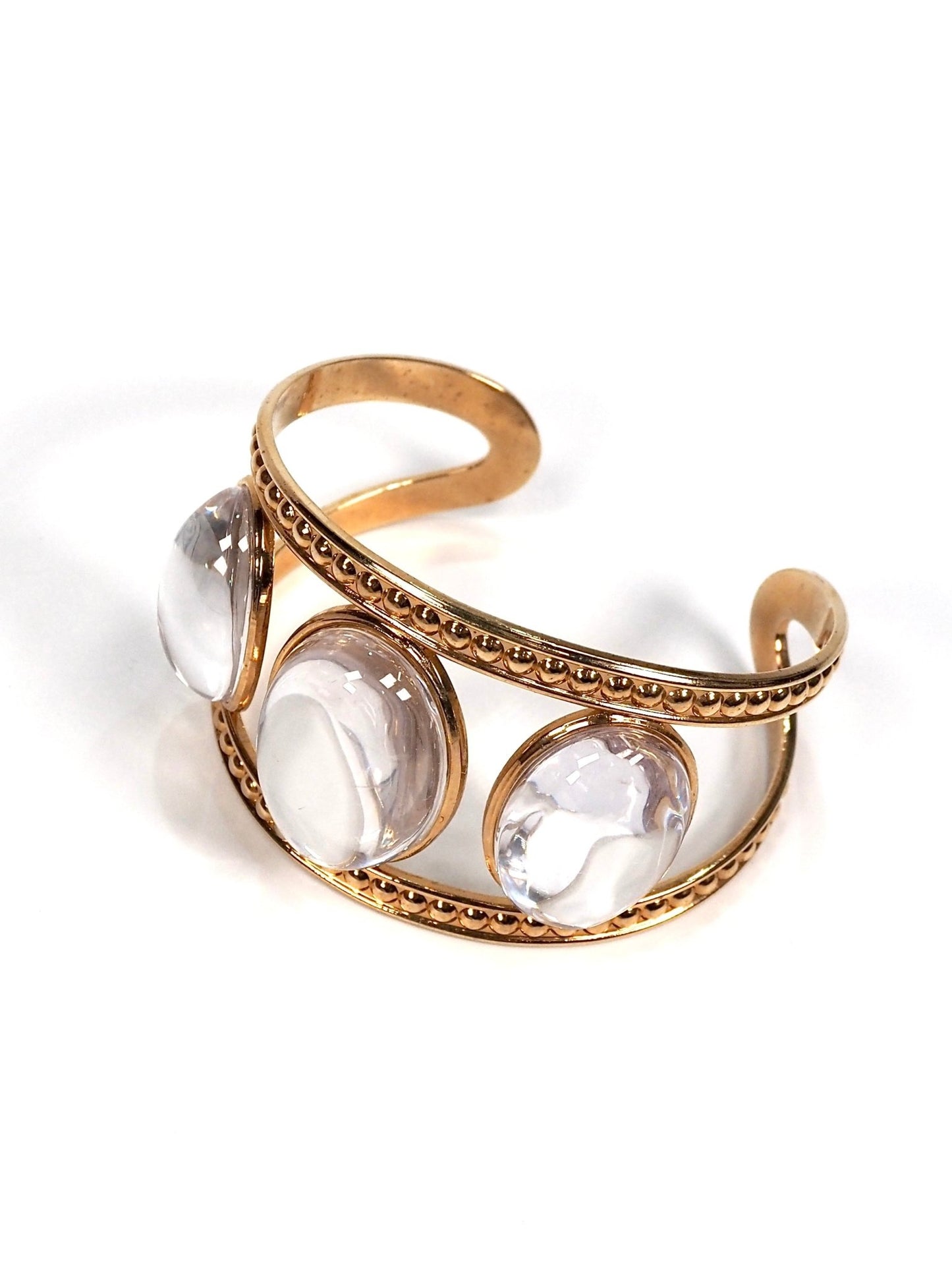 Rosey Gold Three Stone Clear Quartz Cuff Bracelet - Georgie's NYC - Bracelets