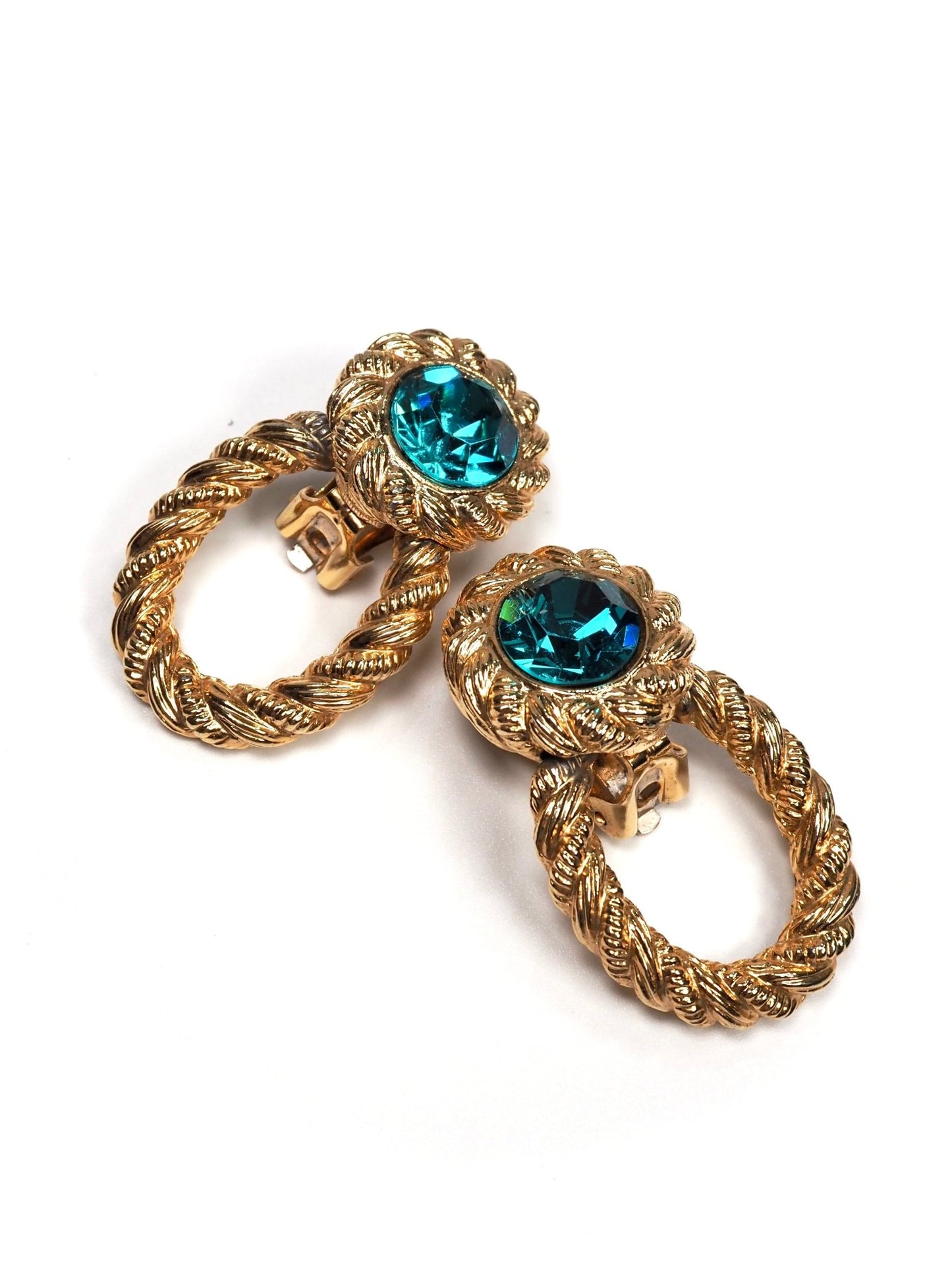 Textured Gold and Turquoise Glass Rhinestone Drop Hoop Earrings - Georgie's NYC - Earrings