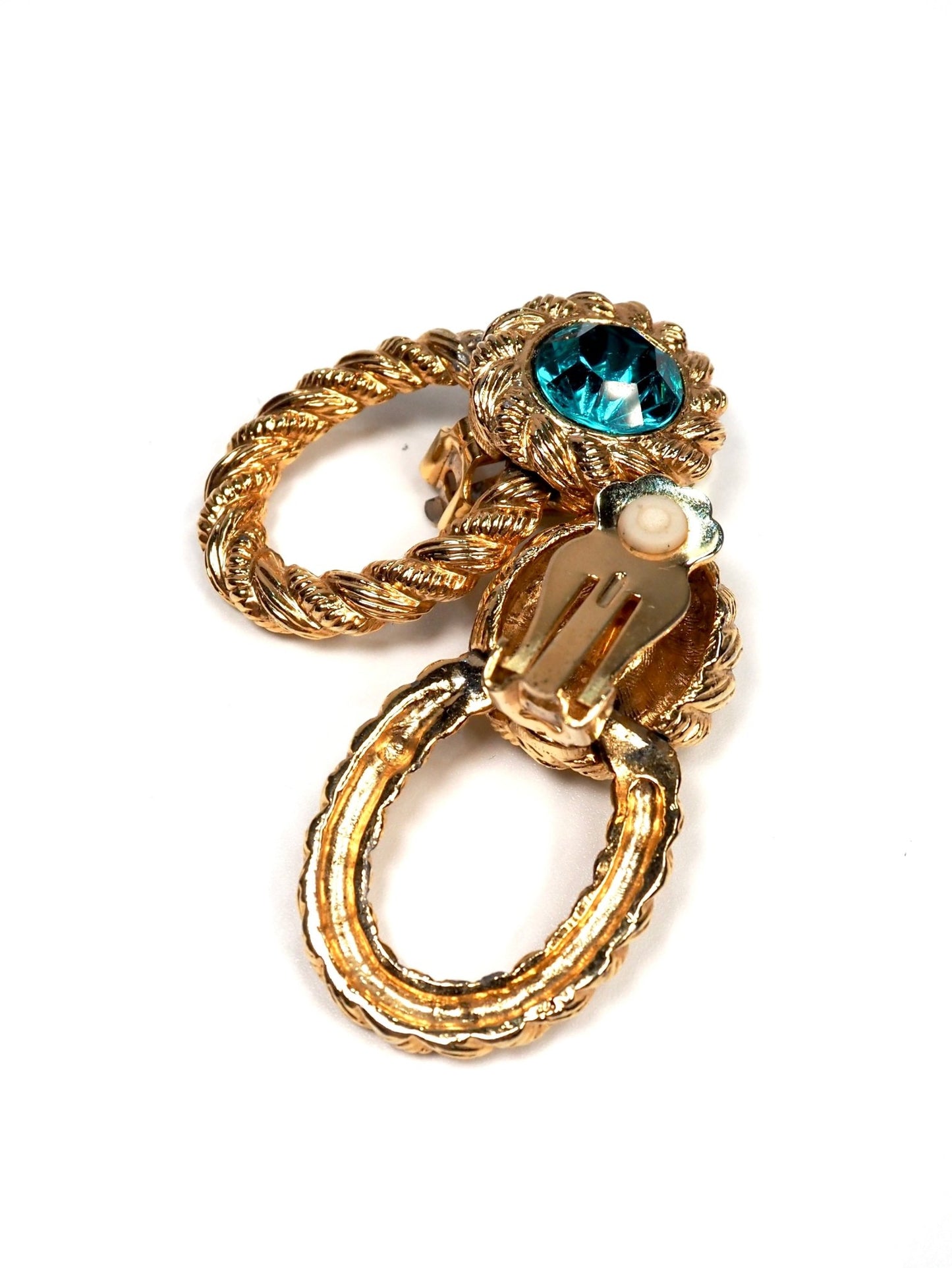Textured Gold and Turquoise Glass Rhinestone Drop Hoop Earrings - Georgie's NYC - Earrings