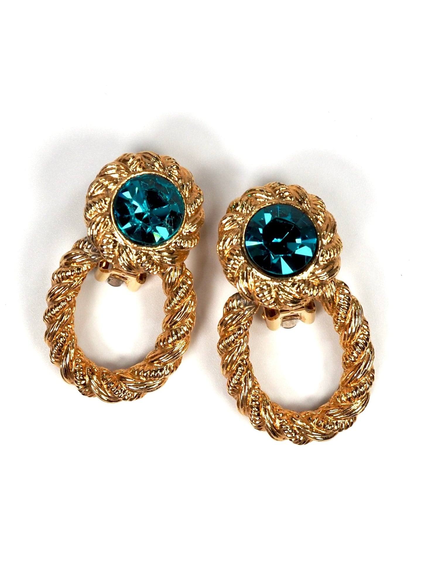 Textured Gold and Turquoise Glass Rhinestone Drop Hoop Earrings - Georgie's NYC - Earrings