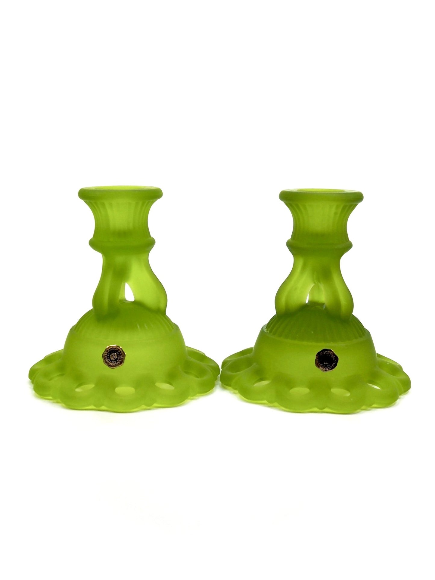 Westmoreland Green Soft Mist Satin Glass Laced Edge Candle Holders - Georgie's NYC - Candle Holders
