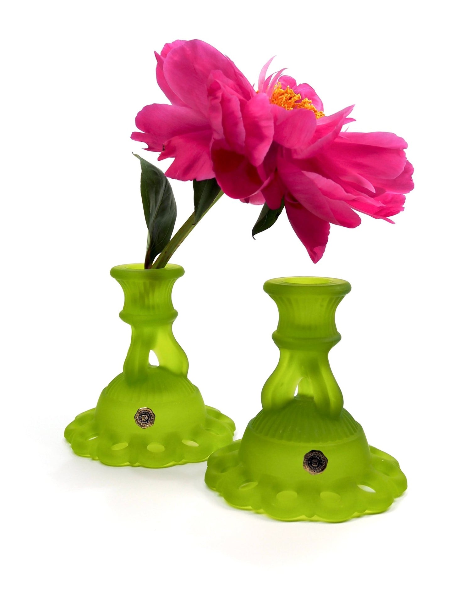 Westmoreland Green Soft Mist Satin Glass Laced Edge Candle Holders - Georgie's NYC - Candle Holders