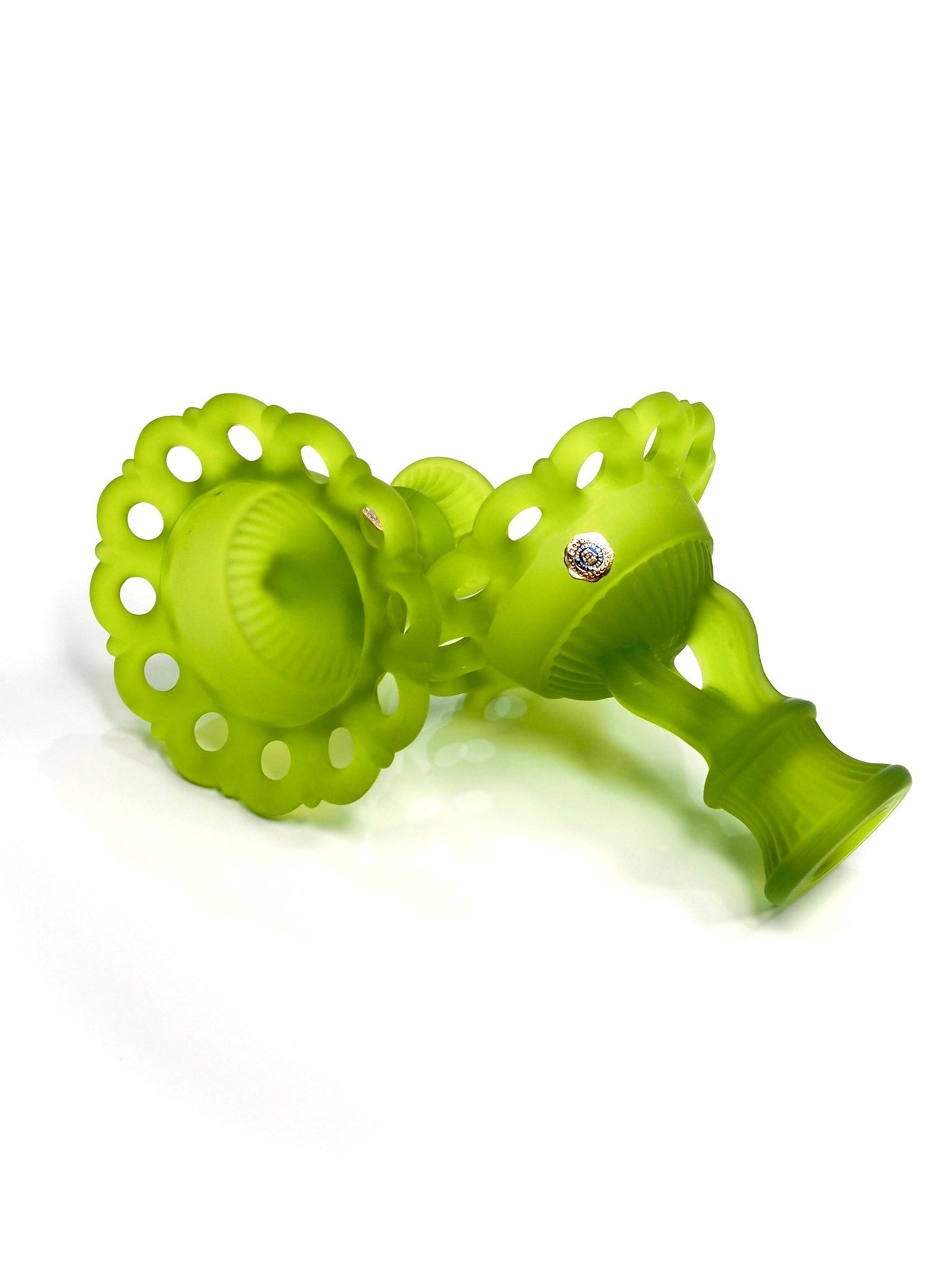 Westmoreland Green Soft Mist Satin Glass Laced Edge Candle Holders - Georgie's NYC - Candle Holders