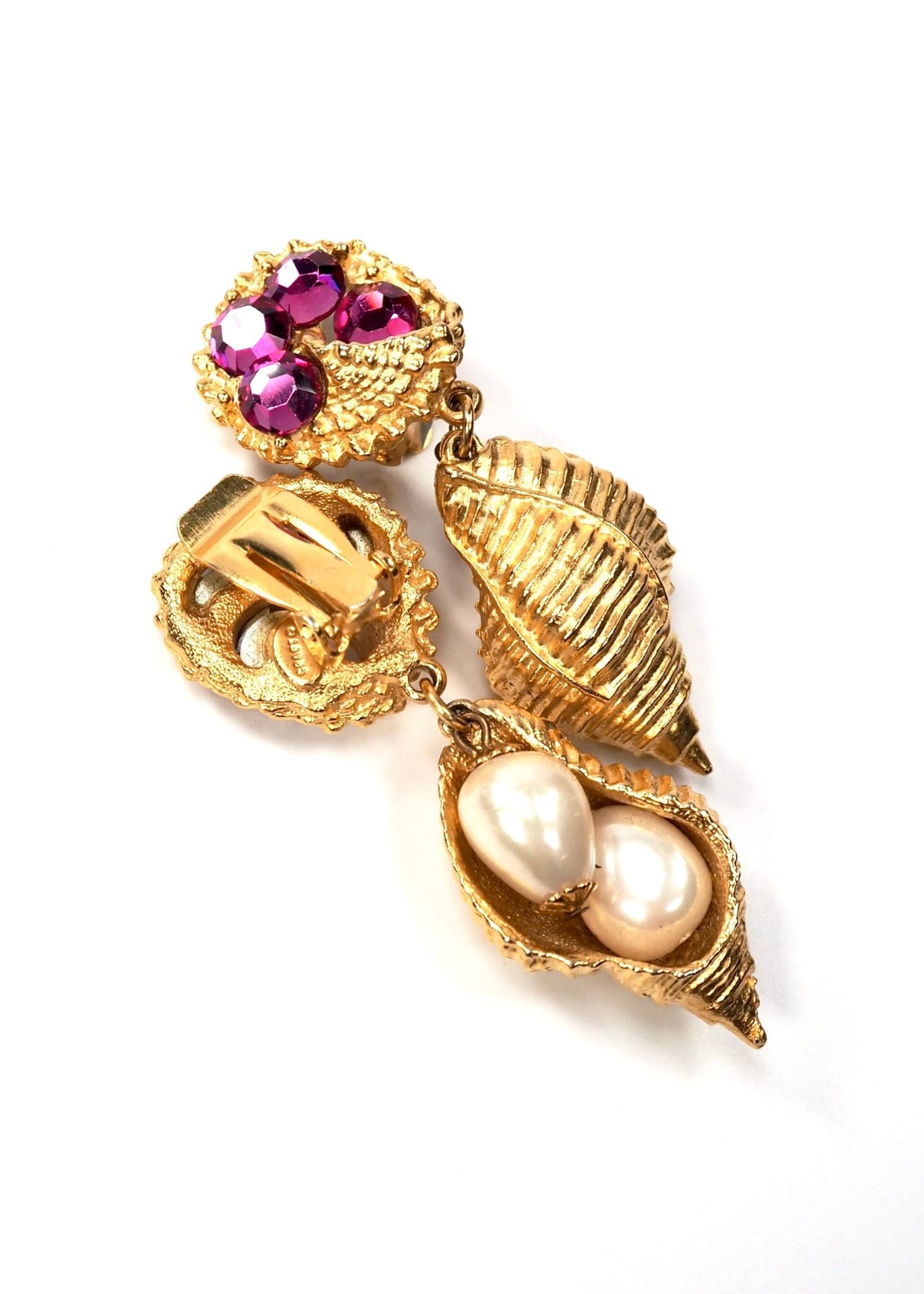 CRAFT Pink Rhinestone, Faux Pearl and Gold Conch Shell Dangle Earrings - Georgie's NYC - Earrings