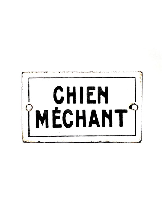 French Black and White Chien Méchant Enamel Sign - Georgie's NYC - Artwork