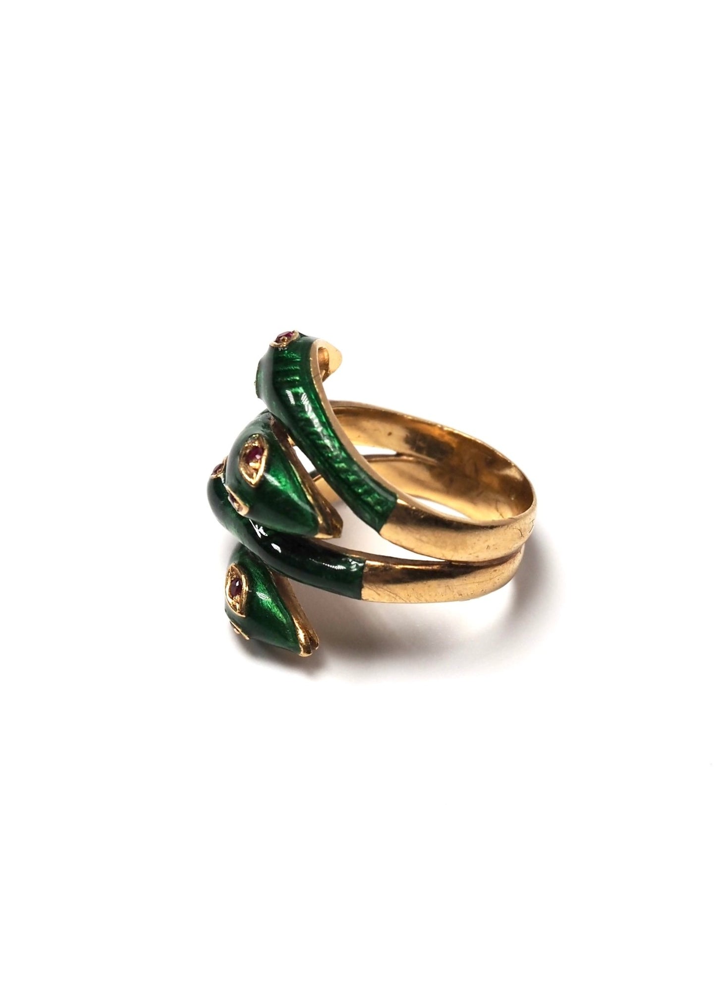 French Four Headed Snake Green Enamel and 18K Gold Ring - Georgie's NYC - Rings