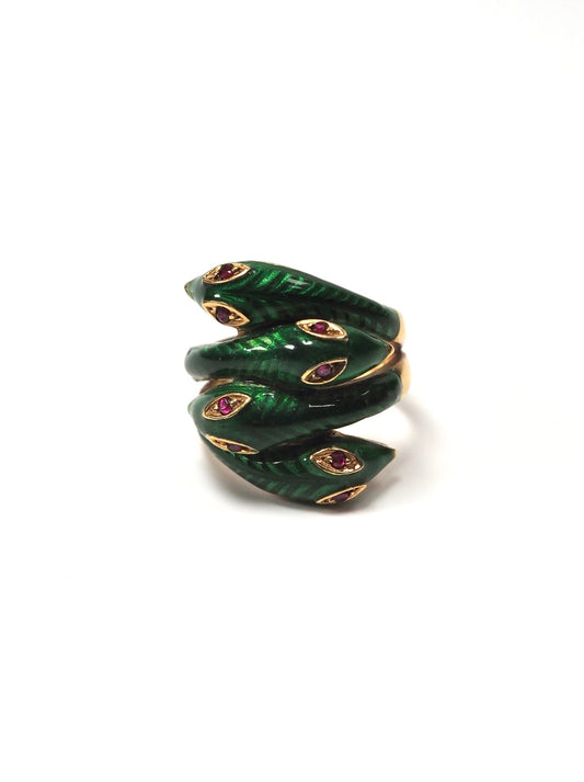 French Four Headed Snake Green Enamel and 18K Gold Ring - Georgie's NYC - Rings