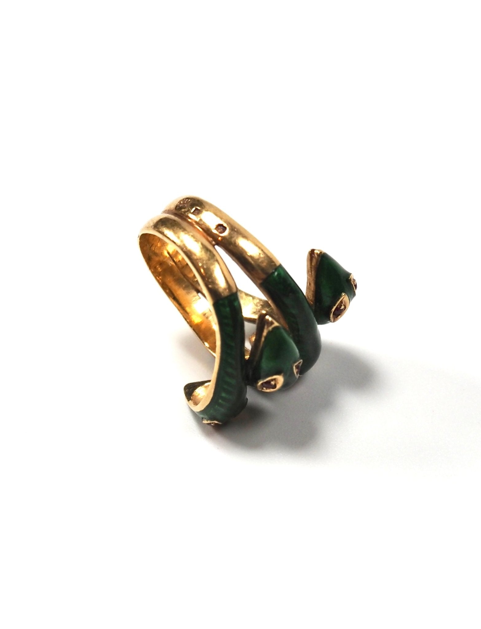 French Four Headed Snake Green Enamel and 18K Gold Ring - Georgie's NYC - Rings