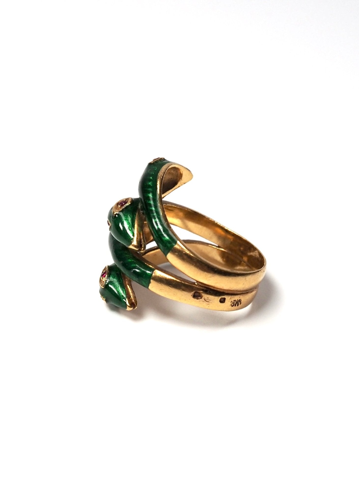 French Four Headed Snake Green Enamel and 18K Gold Ring - Georgie's NYC - Rings