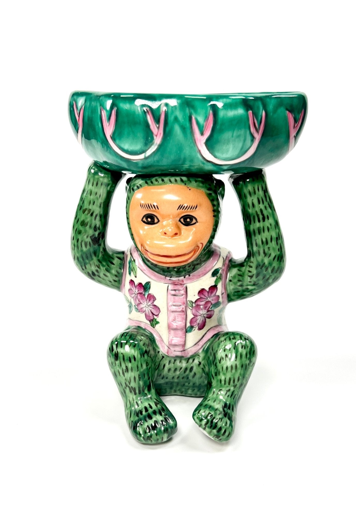 Green and Pink Flower Monkey Chinoiserie Bowl - Georgie's NYC - Decorative Bowls