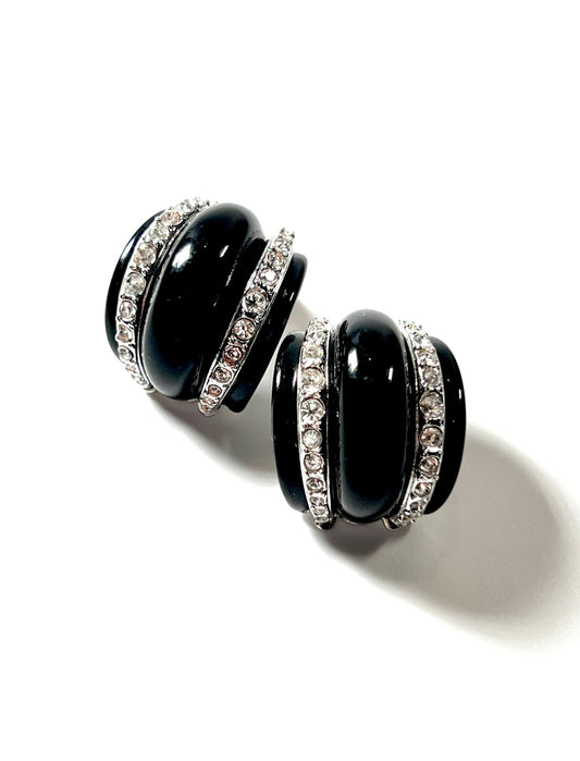 Kenneth Jay Lane KJL Black Resin and Rhinestone Domed Silver Earrings - Georgie's NYC - Earrings