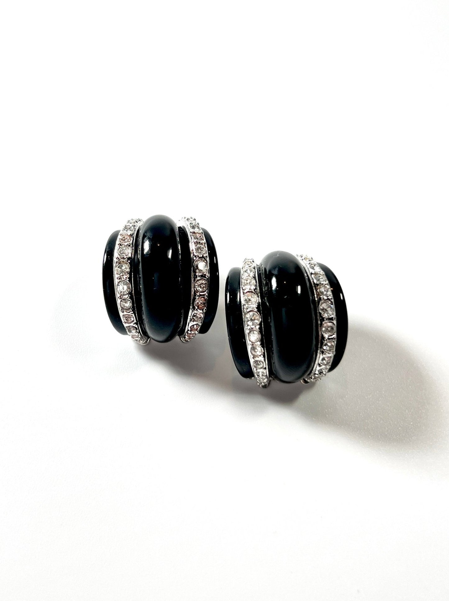Kenneth Jay Lane KJL Black Resin and Rhinestone Domed Silver Earrings - Georgie's NYC - Earrings